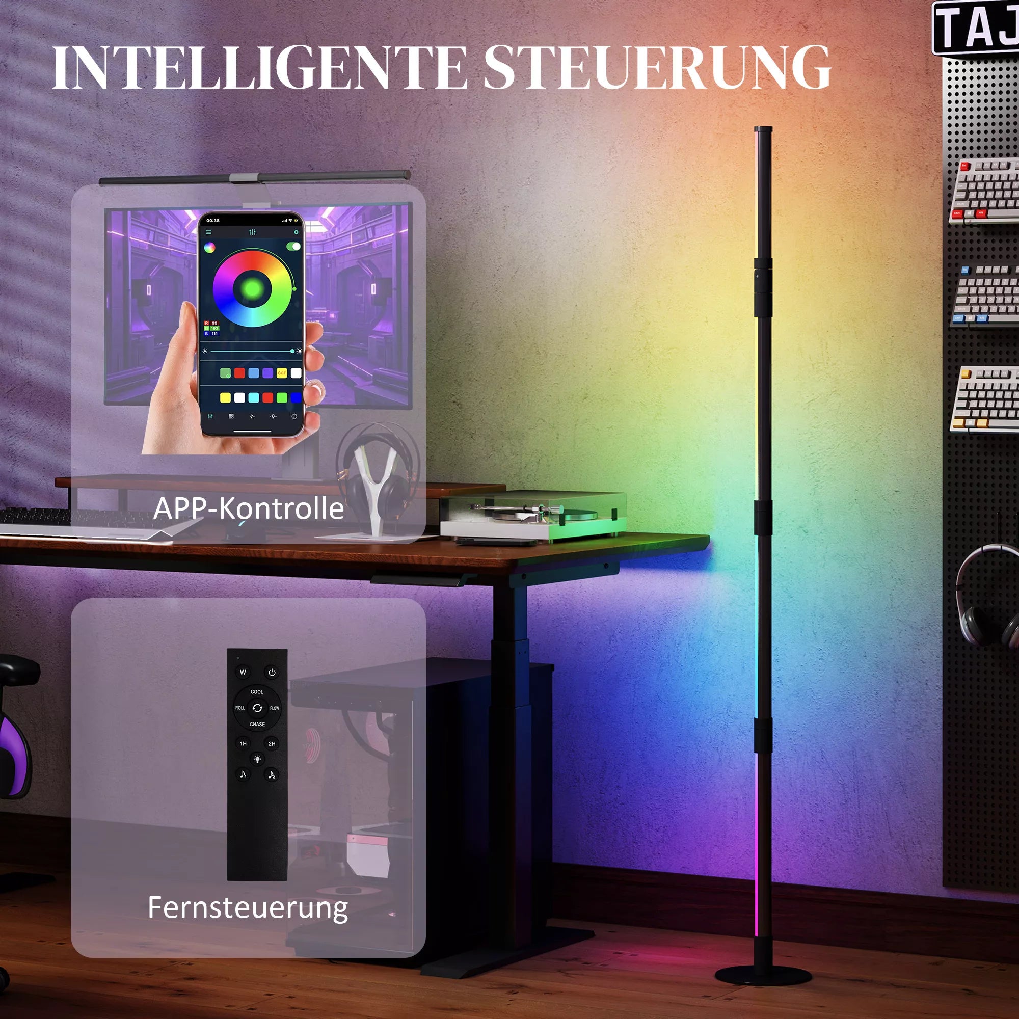 LED grindinis šviestuvas, stovimas su nuotolinio valdymo pulteliu, įvairiomis spalvomis, laikmačiu, programėle, muzikos sinchronizacija, tamsiai pilkas