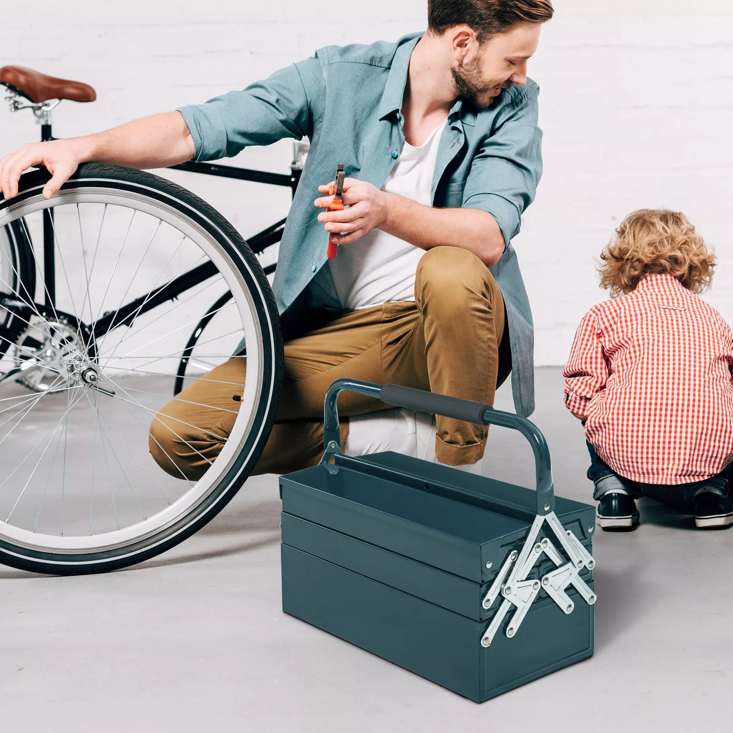 Įrankių dėžė, įrankių lagaminas, montavimo dėžė tuščia, vietą taupantis, su 5 skyriais, atidaromas, tvirtas, plienas (SPCC), tamsiai žalias, 45 x 20 x 34,5 cm