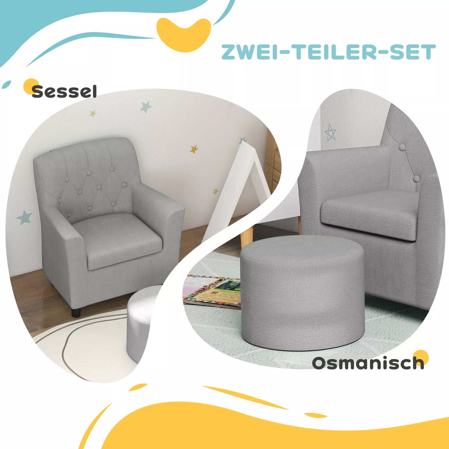 Vaikų fotelis su pufiku, atlošas su rombų raštu, minkšta sėdynė, medinis rėmas, pilkas