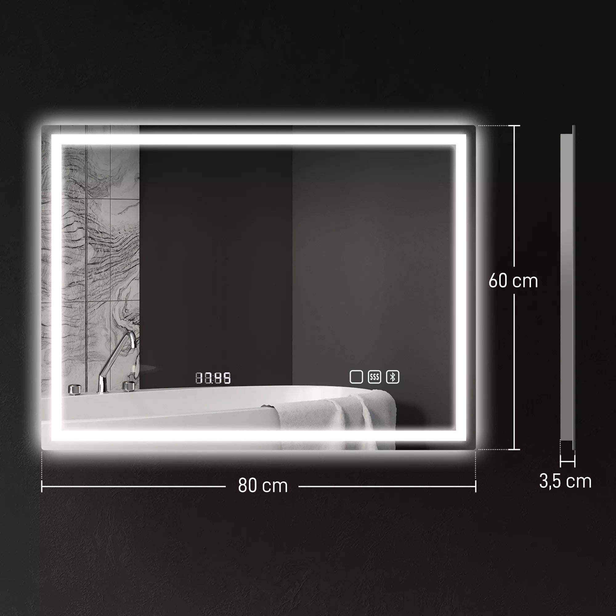 Vonios veidrodis su LED apšvietimu, Bluetooth ir laikrodžiu 60 x 80 cm, sidabrinės spalvos