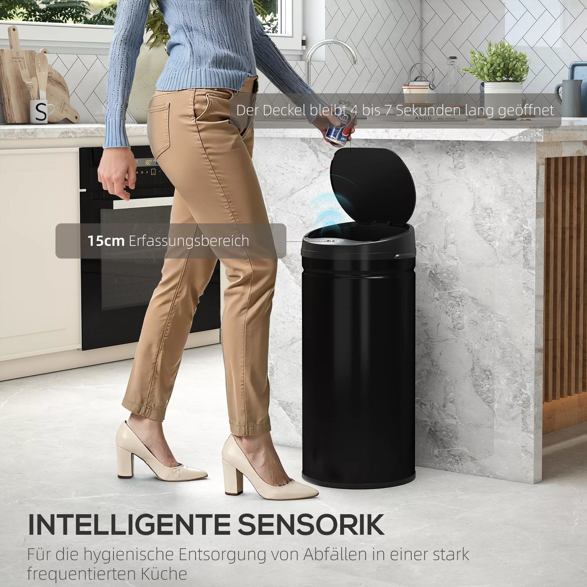 42 litrų talpos šiukšliadėžė su jutikliu ir „Soft-Close“ funkcija, neliestinė nerūdijančio plieno šiukšliadėžė, skirta higieniškoms virtuvėms