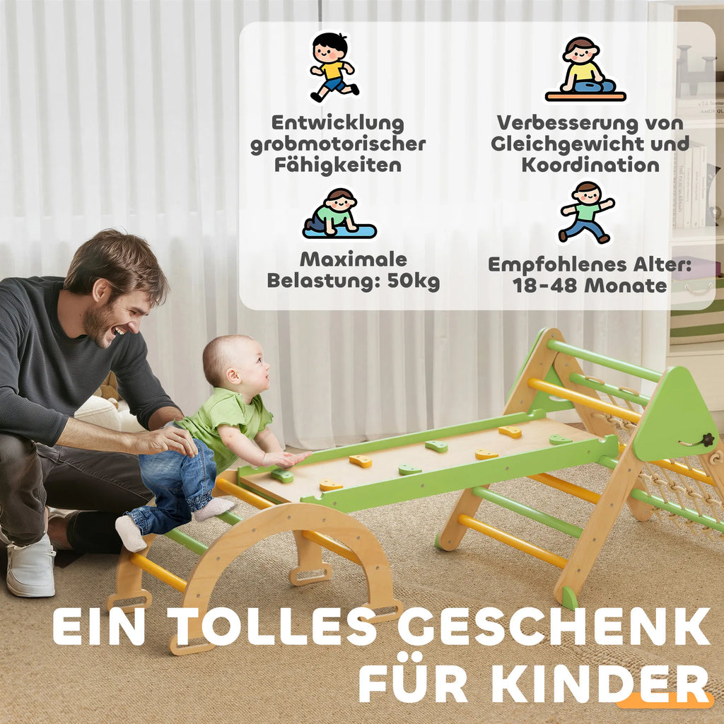 8-in-1 Montessori laipiojimo rėmas Vidinis medinis laipiojimo trikampis su laipiojimo lanku, dvipusiu čiuožiniu, žalias