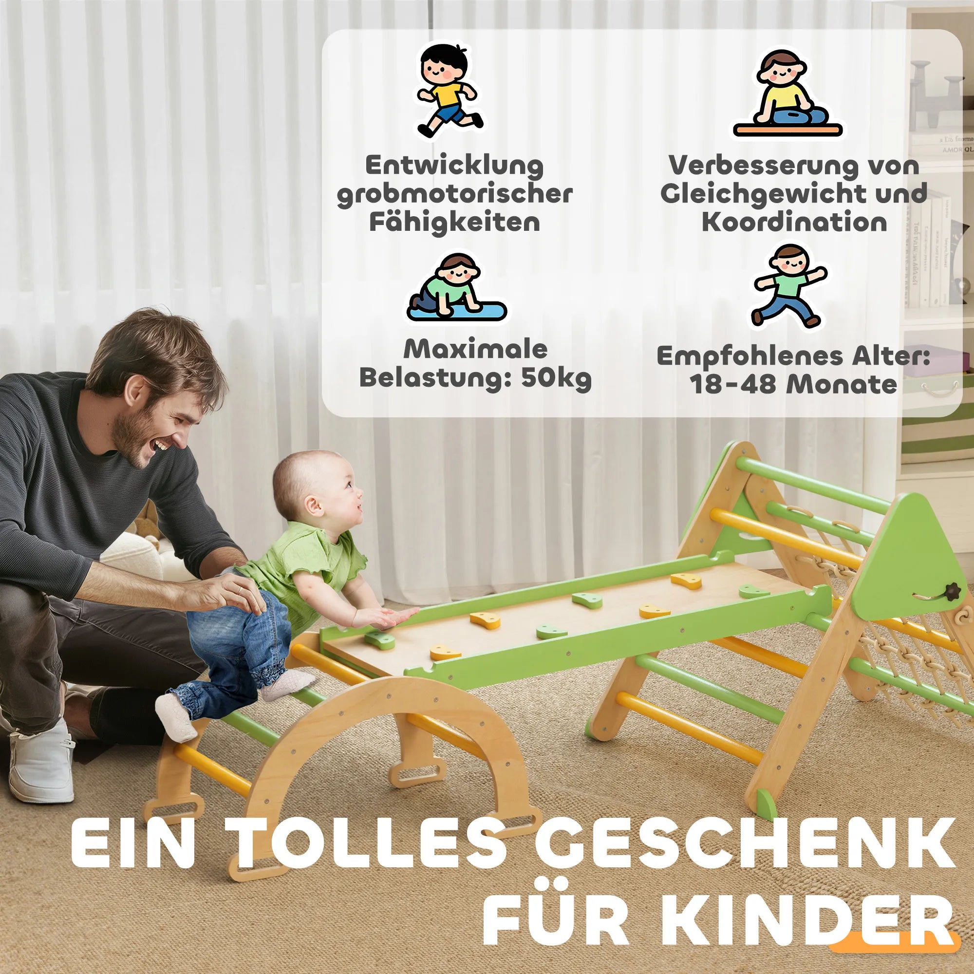 8-in-1 Montessori laipiojimo rėmas Vidinis medinis laipiojimo trikampis su laipiojimo lanku, dvipusiu čiuožiniu, žalias