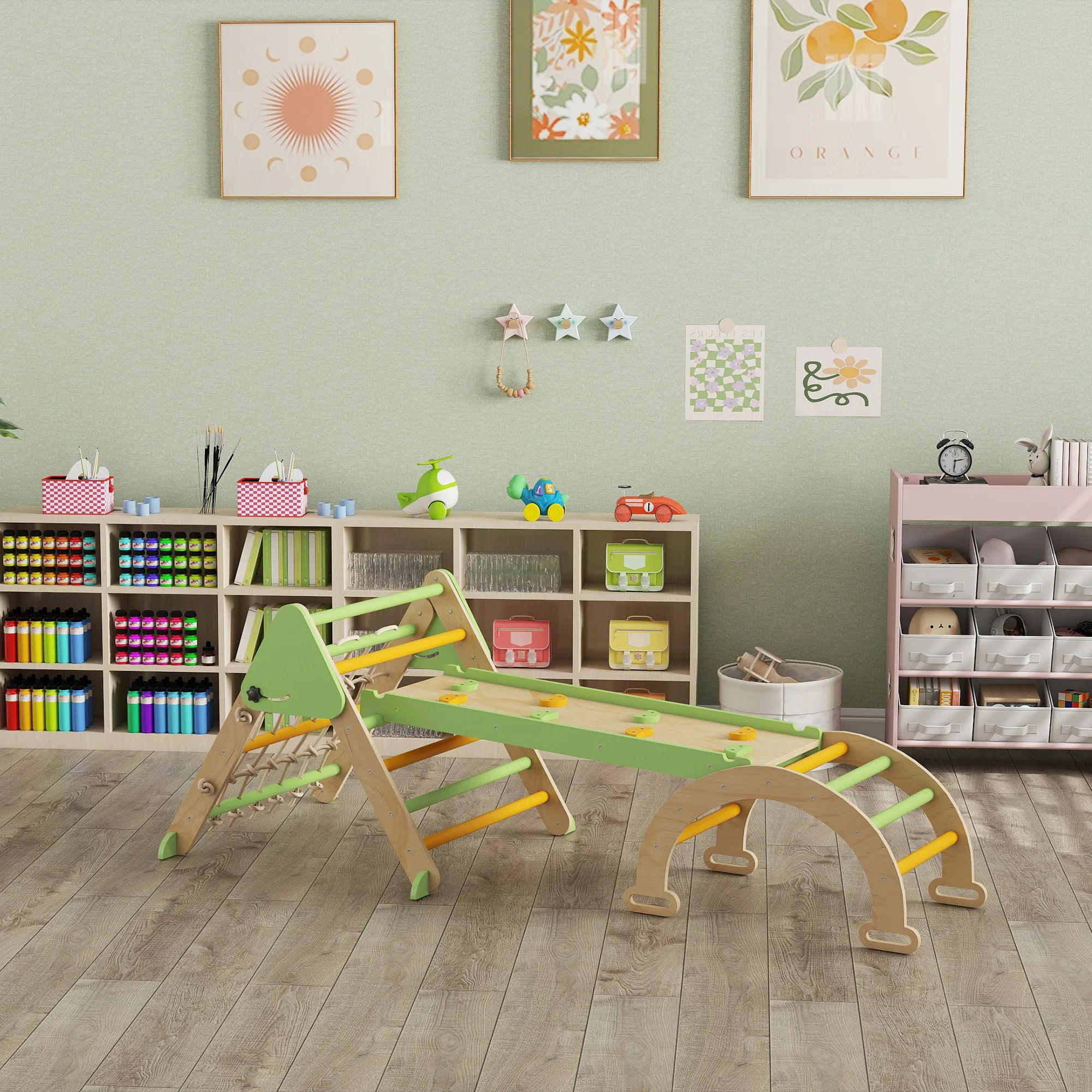 8-in-1 Montessori laipiojimo rėmas Vidinis medinis laipiojimo trikampis su laipiojimo lanku, dvipusiu čiuožiniu, žalias
