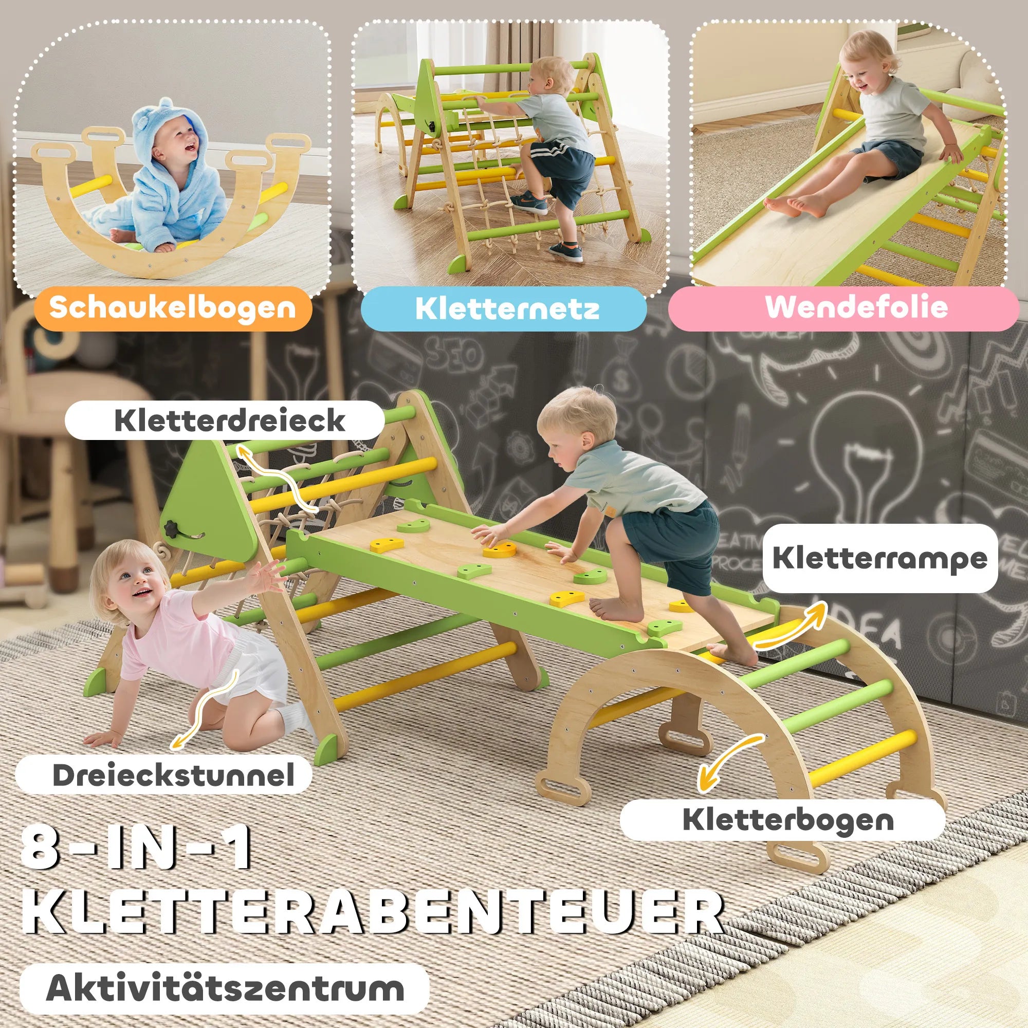 8-in-1 Montessori laipiojimo rėmas Vidinis medinis laipiojimo trikampis su laipiojimo lanku, dvipusiu čiuožiniu, žalias