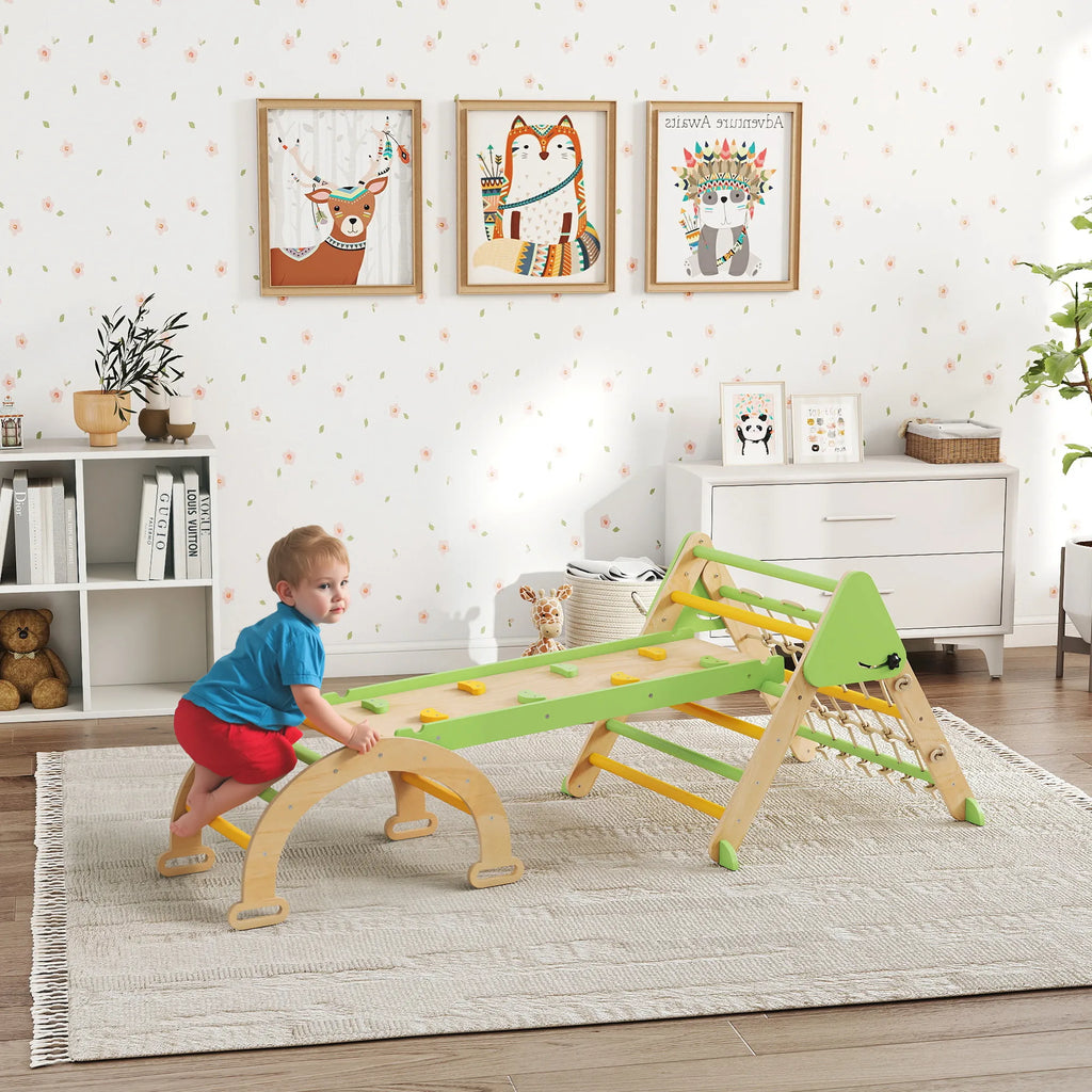 8-in-1 Montessori laipiojimo rėmas Vidinis medinis laipiojimo trikampis su laipiojimo lanku, dvipusiu čiuožiniu, žalias