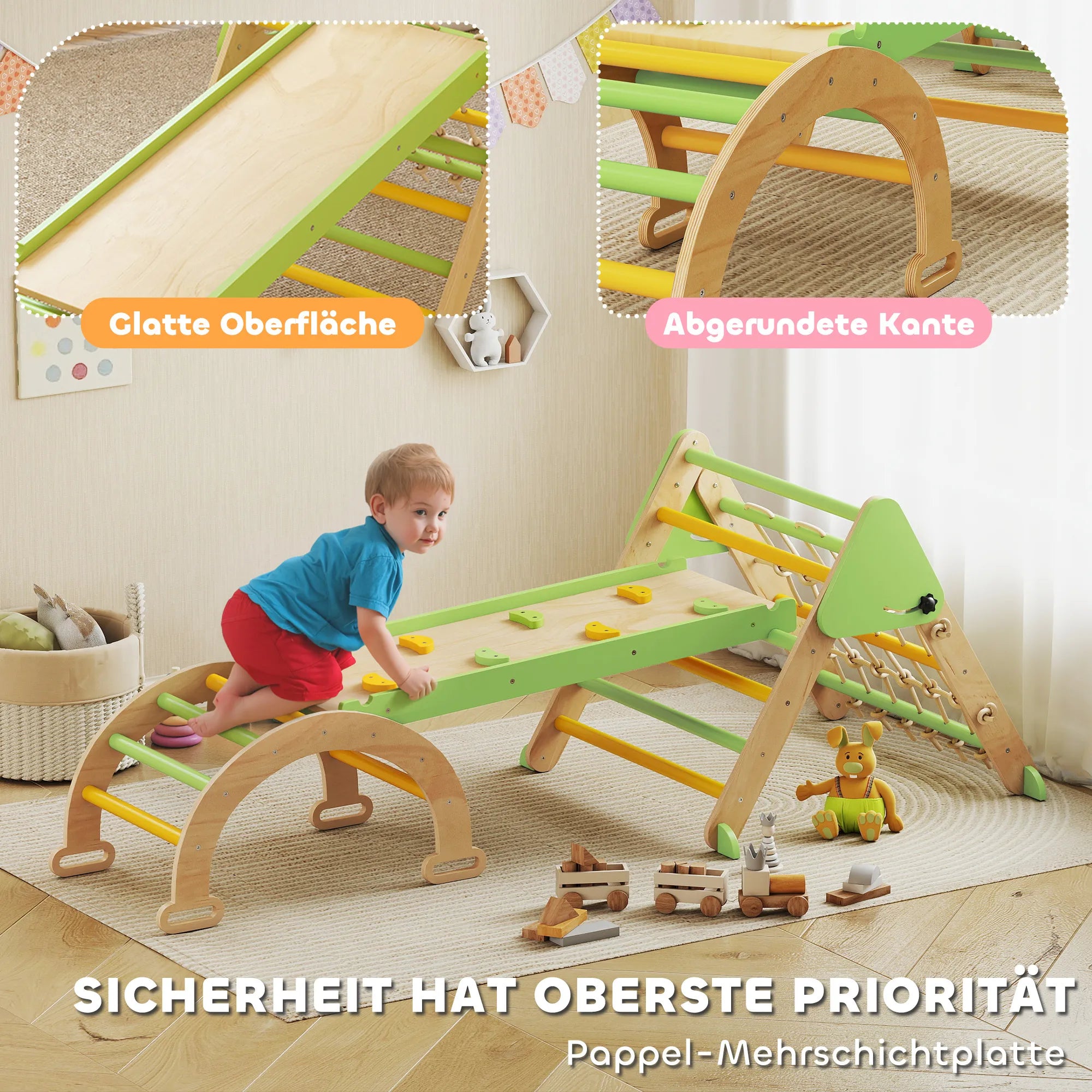 8-in-1 Montessori laipiojimo rėmas Vidinis medinis laipiojimo trikampis su laipiojimo lanku, dvipusiu čiuožiniu, žalias