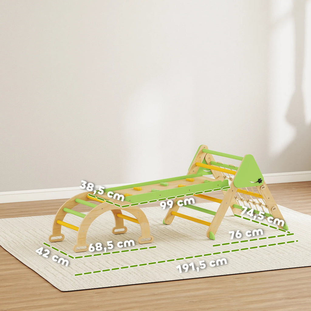 8-in-1 Montessori laipiojimo rėmas Vidinis medinis laipiojimo trikampis su laipiojimo lanku, dvipusiu čiuožiniu, žalias