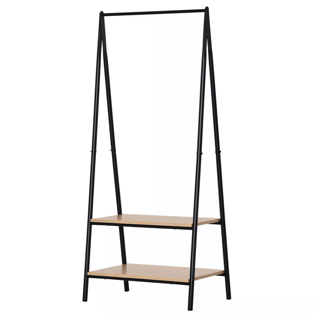 Drabužių kabykla su batų lentyna, metalas + mediena, juoda + natūrali, 64 x 42,5 x 149 cm