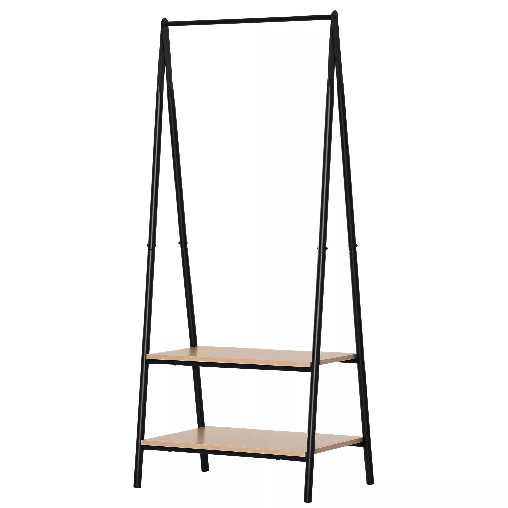 Drabužių kabykla su batų lentyna, metalas + mediena, juoda + natūrali, 64 x 42,5 x 149 cm