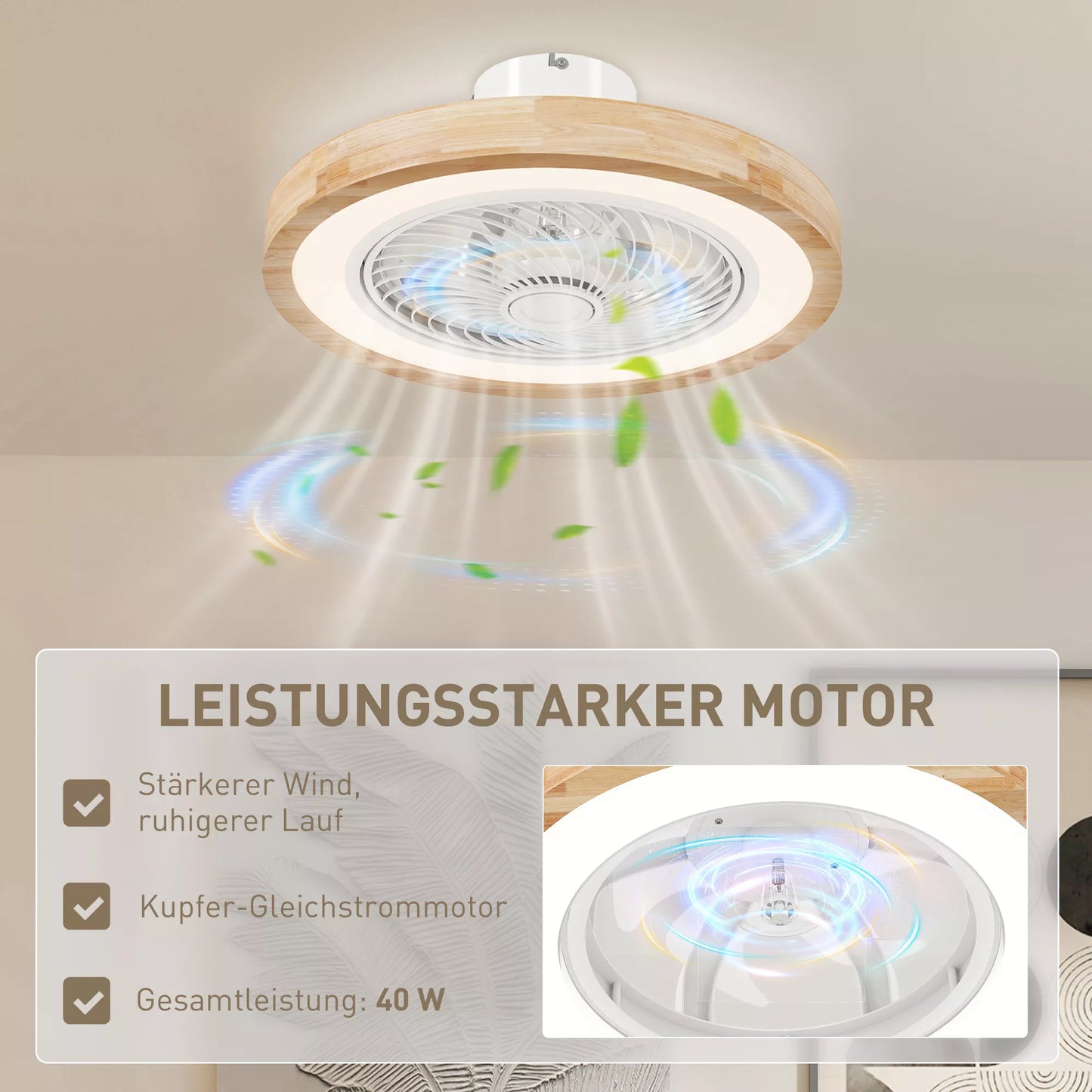 Lubos ventiliatorius su šviestuvu ir nuotolinio valdymo pulteliu, 6 greičiai, reguliuojamas ryškumas, tylus variklis, šviesiai rudas