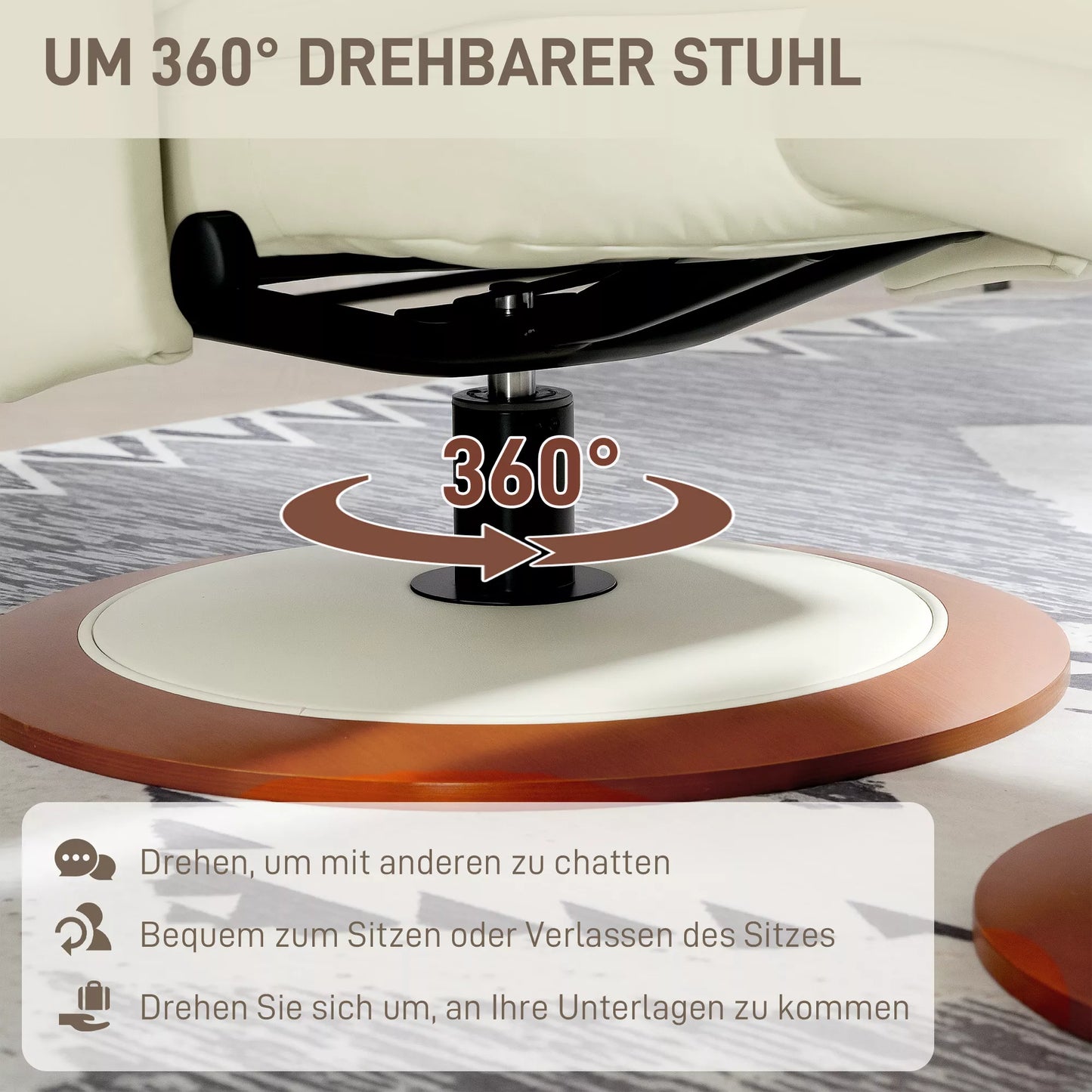 Masažinis fotelis su pakoja, atlošo atlenkimo funkcija, besisukantis TV fotelis su mediniu pagrindu, atlaiko iki 150 kg, dirbtinė oda, kreminės baltos spalvos