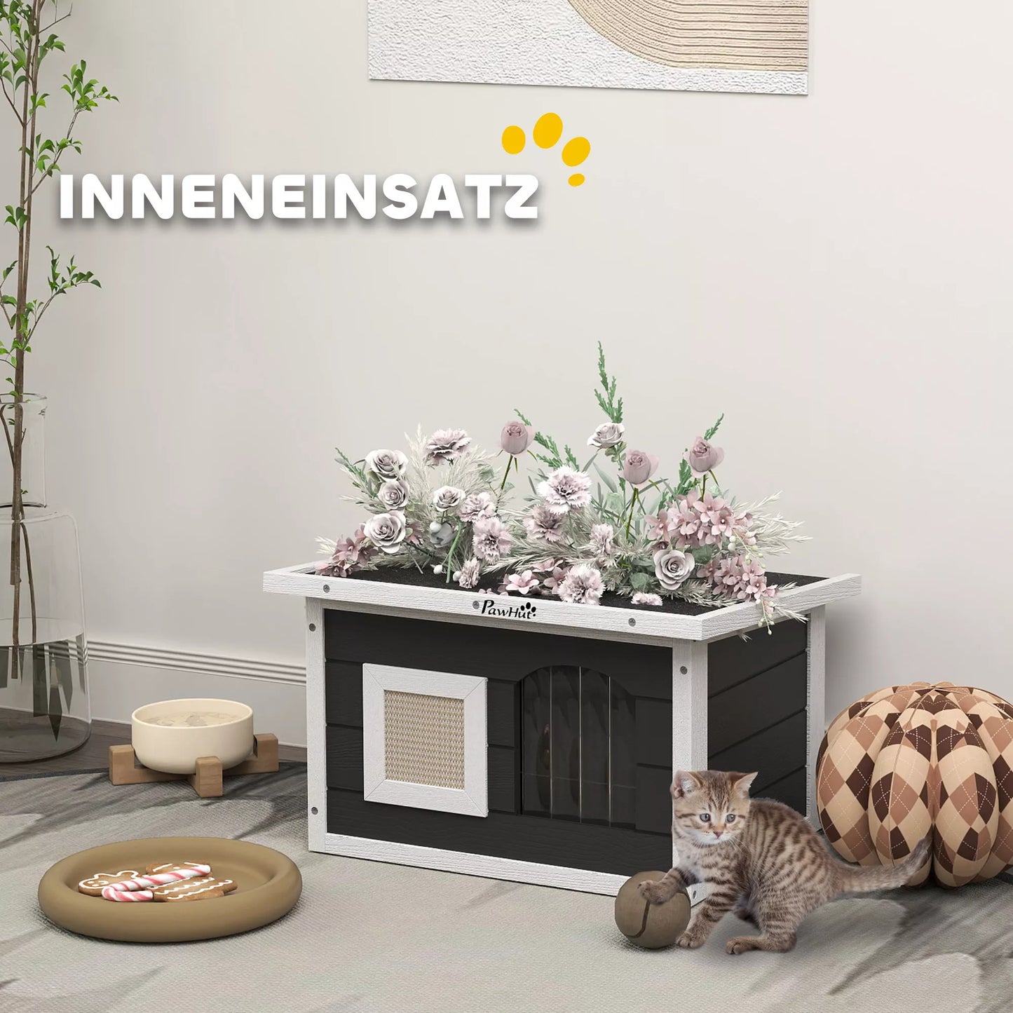 Katės namelis, prieglobstis katėms ir triušiams, medinis namelis su nagų galandimo kilimėliu, durelėmis, 61 x 45 x 36,5 cm, pilkos spalvos