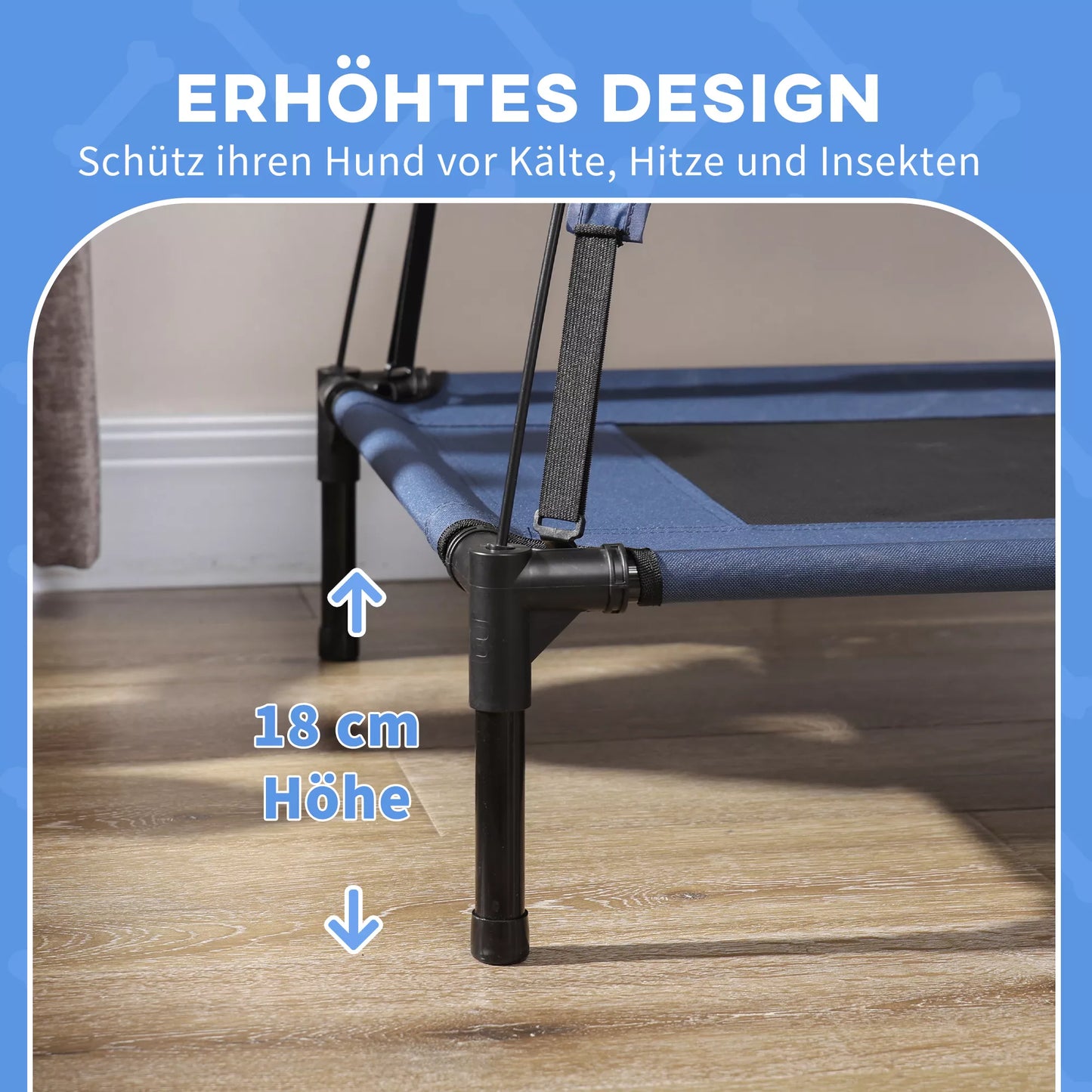 Lauko šunų guolis Atsparus oro sąlygoms, su baldakimu, sulankstomas, 122 x 92 x 108 cm, mėlyna + juoda