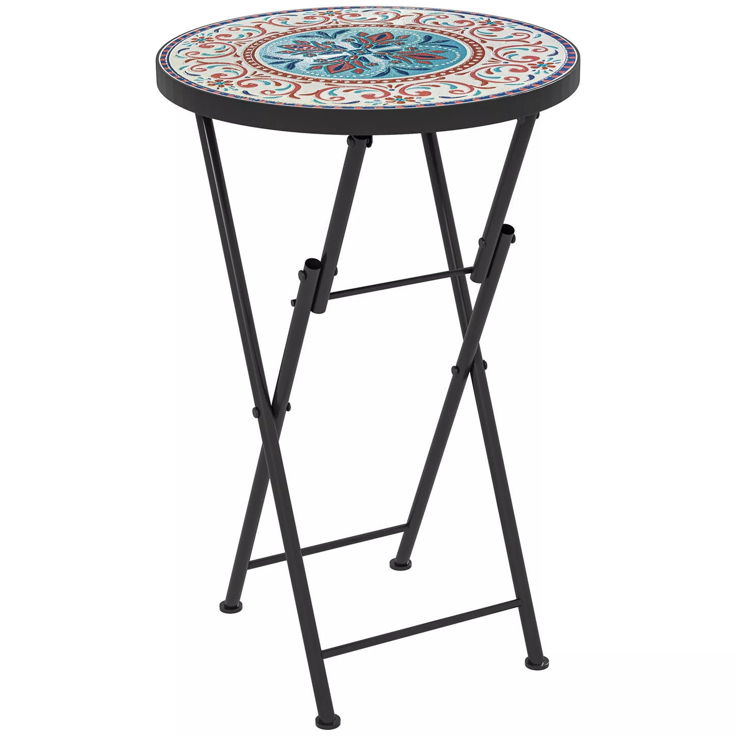 Mozaikinis sodo staliukas, sulankstomas apvalus terasos staliukas su metaliniu rėmu ir keramine stalvirše, mozaikos raštas, daugiaspalvis