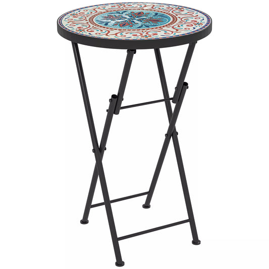 Mozaikinis sodo staliukas, sulankstomas apvalus terasos staliukas su metaliniu rėmu ir keramine stalvirše, mozaikos raštas, daugiaspalvis