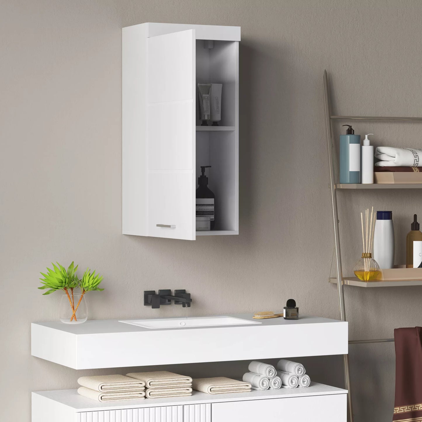 Dviejų pakopų vonios spintelė, komoda, sieninė, MDP, MDF, balta