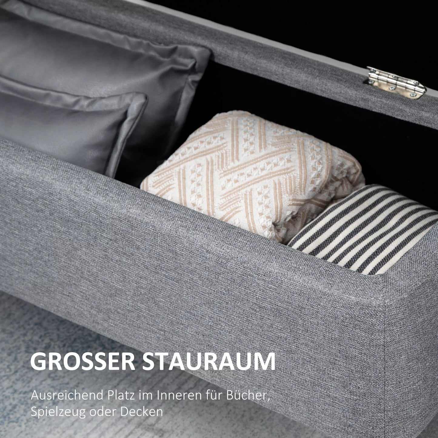 Sėdynė, daiktadėžė su sėdimąja dalimi, paminkštinta sėdynė, linas, iki 150kg, 101x38,5x44,5 cm, pilka