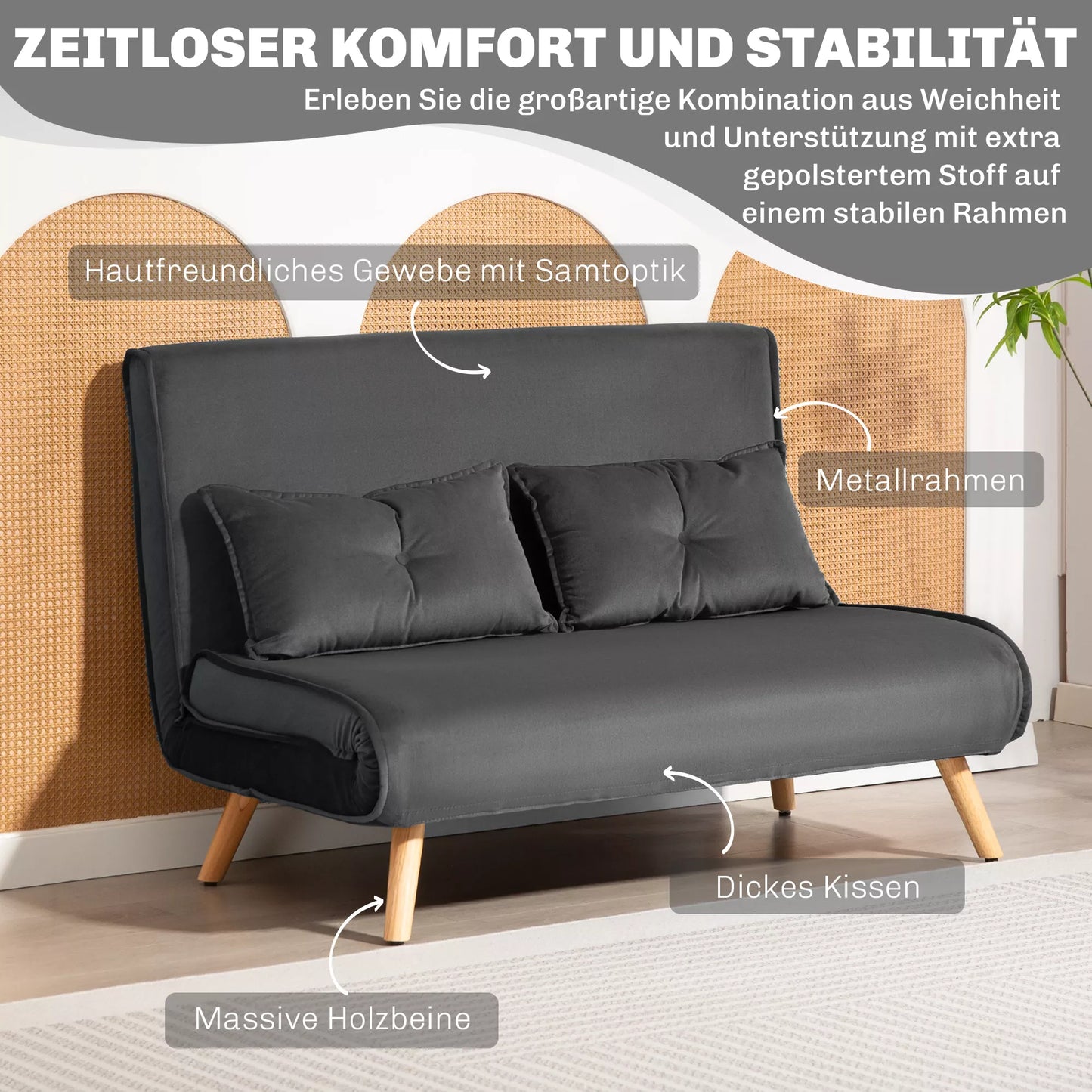 2 vietų miegamoji sofa, sofa-lova, transformuojama į lovą sofa, reguliuojama atlošas, audinio apmušalas, metalinis rėmas, pilka