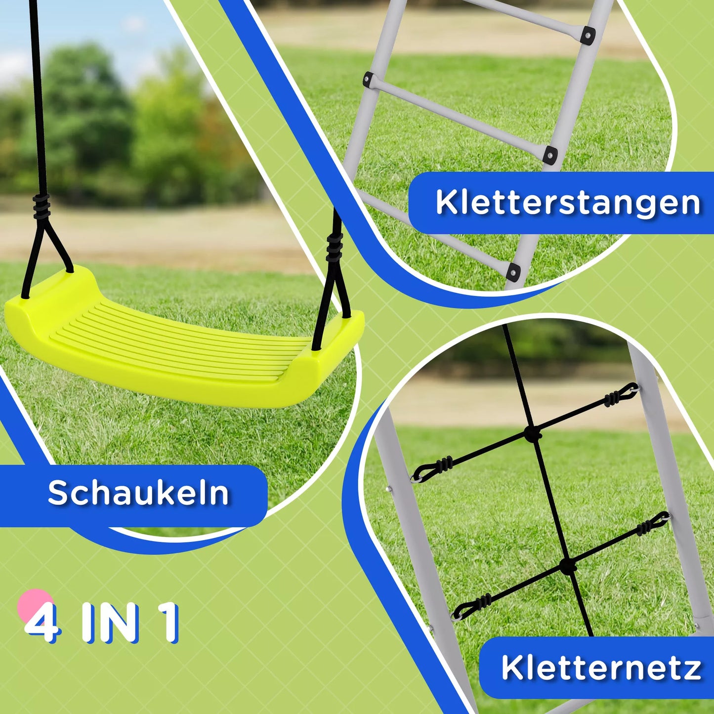 Vaikų sūpynių komplektas, su laipiojimo tinklu ir kopėčiomis, vaikams 3-8 metai, plieno rėmas, žalias