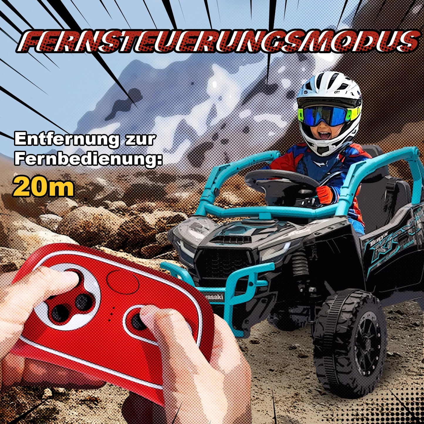 12V Elektrinis visureigis vaikams, nuotolinio valdymo pultas, LED žibintai, muzika, garso signalas, skirtas vaikams nuo 3-8 metų, mėlynas