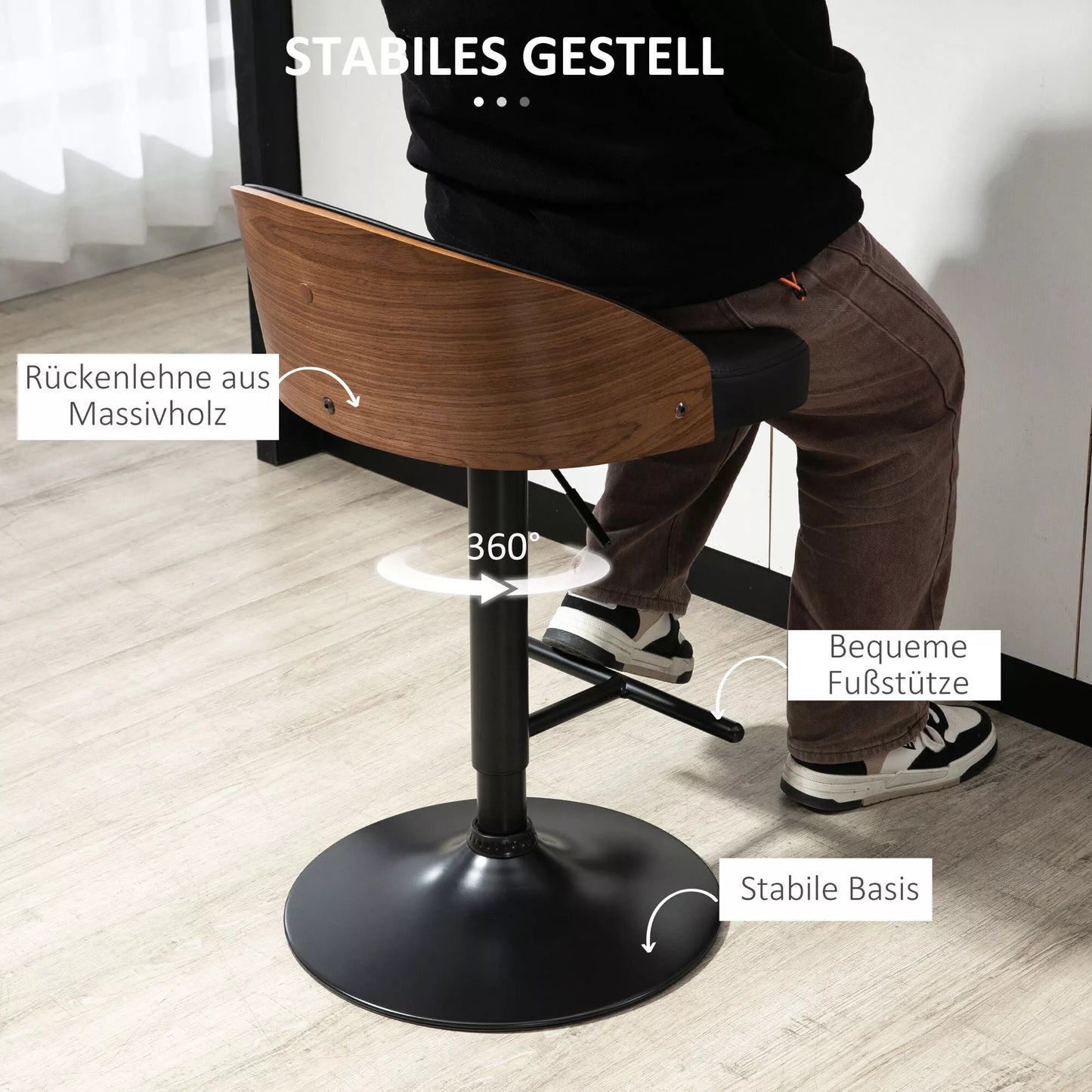 Baro kėdžių 2 vnt. komplektas, paminkštinta baro kėdė iš plieno ir medžio masyvo, aukščio reguliavimo virtuvės kėdės su atrama kojoms, 360° besisukanti, aukštas baro pufas virtuvei, svetainei, valgomajam, Juoda+Ruda