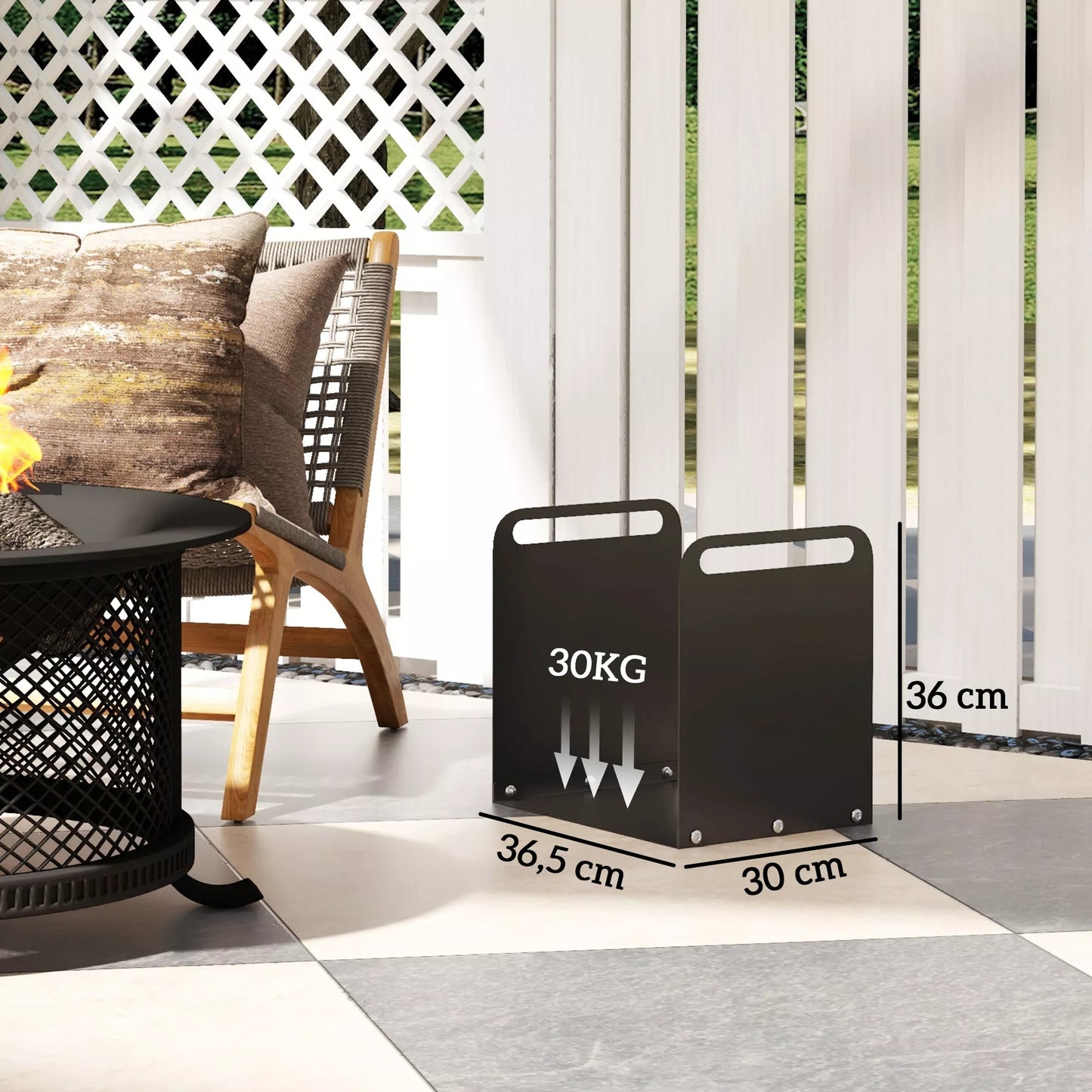 Stovas malkoms, 2 rankenos, plieninis rėmas, iki 30kg, 36x30x36cm, juodas