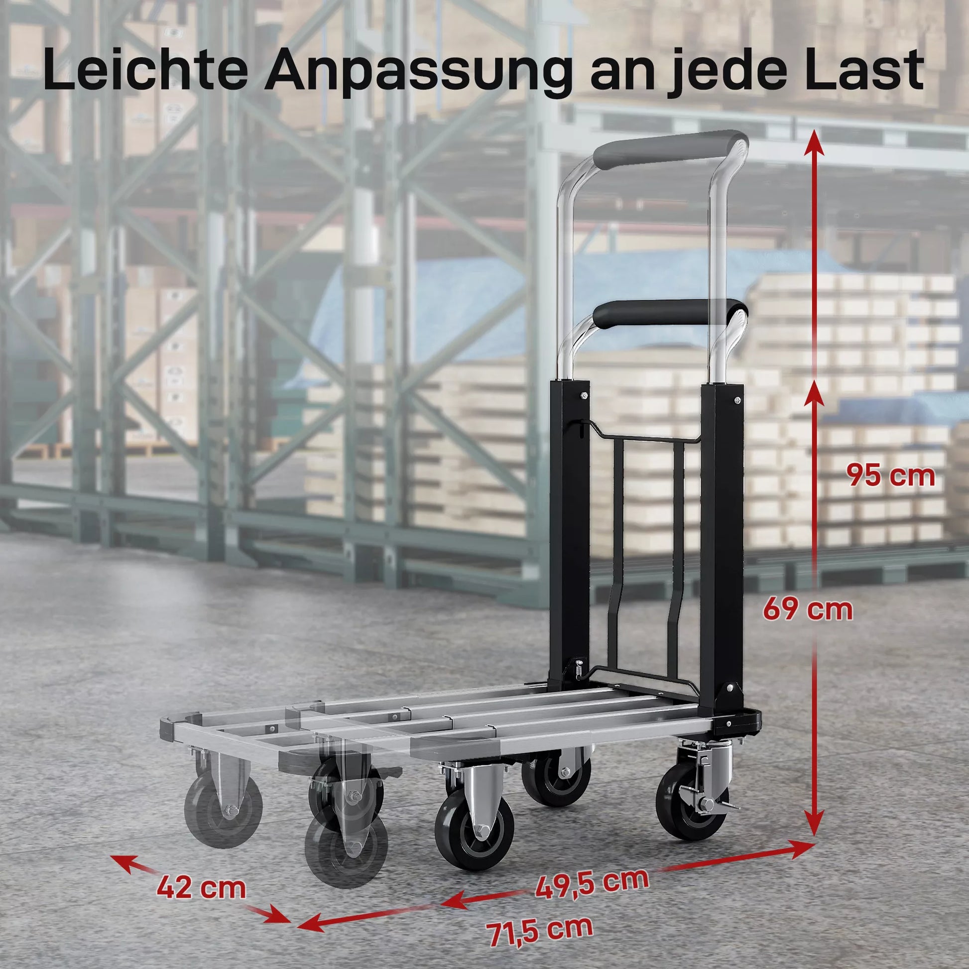 Sulankstomas rankinis vežimėlis, 150 kg apkrova, išplečiamas paviršius, aukščio reguliuojama rankena, skirtas dėžėms, metalas, juodas