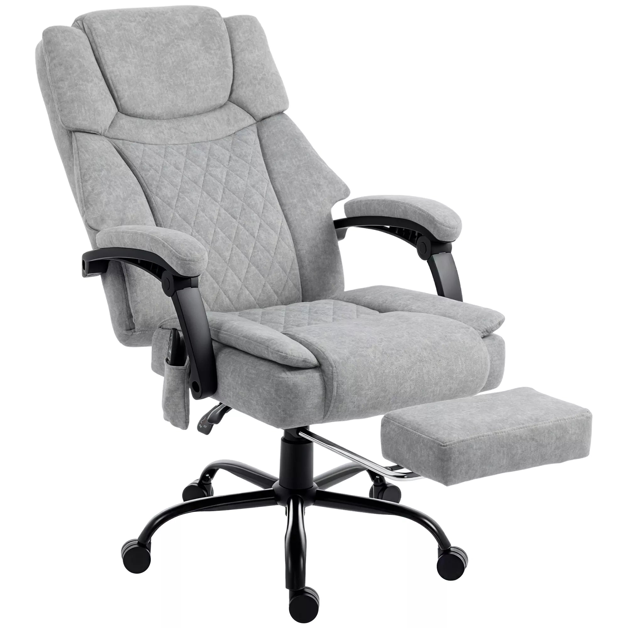 Aukšto atlošo masažinė biuro kėdė su vibracija, šildymo funkcija, reguliuojamu atlošu, kojų atrama, nuotolinio valdymo pultu, pilkos spalvos
