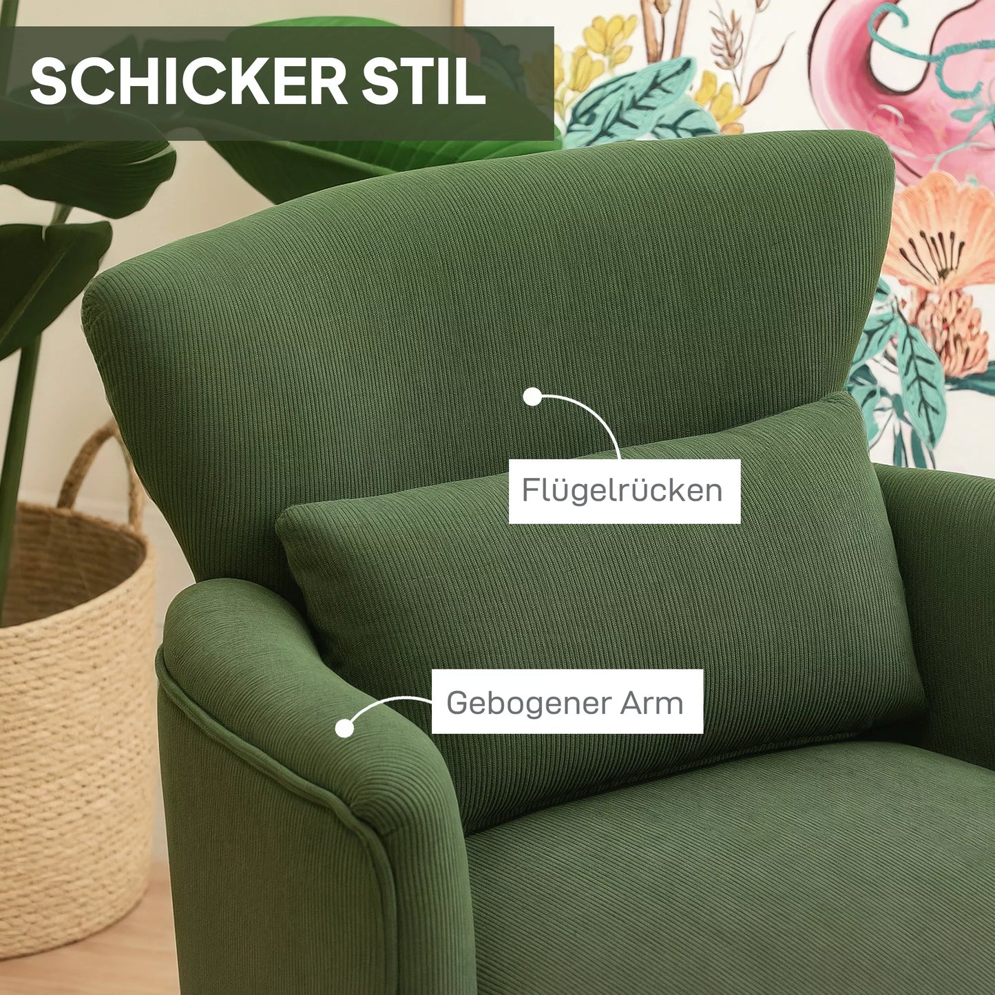 Modernus fotelis, paminkštintas akcentinis krėslas su juosmens atrama, žalias