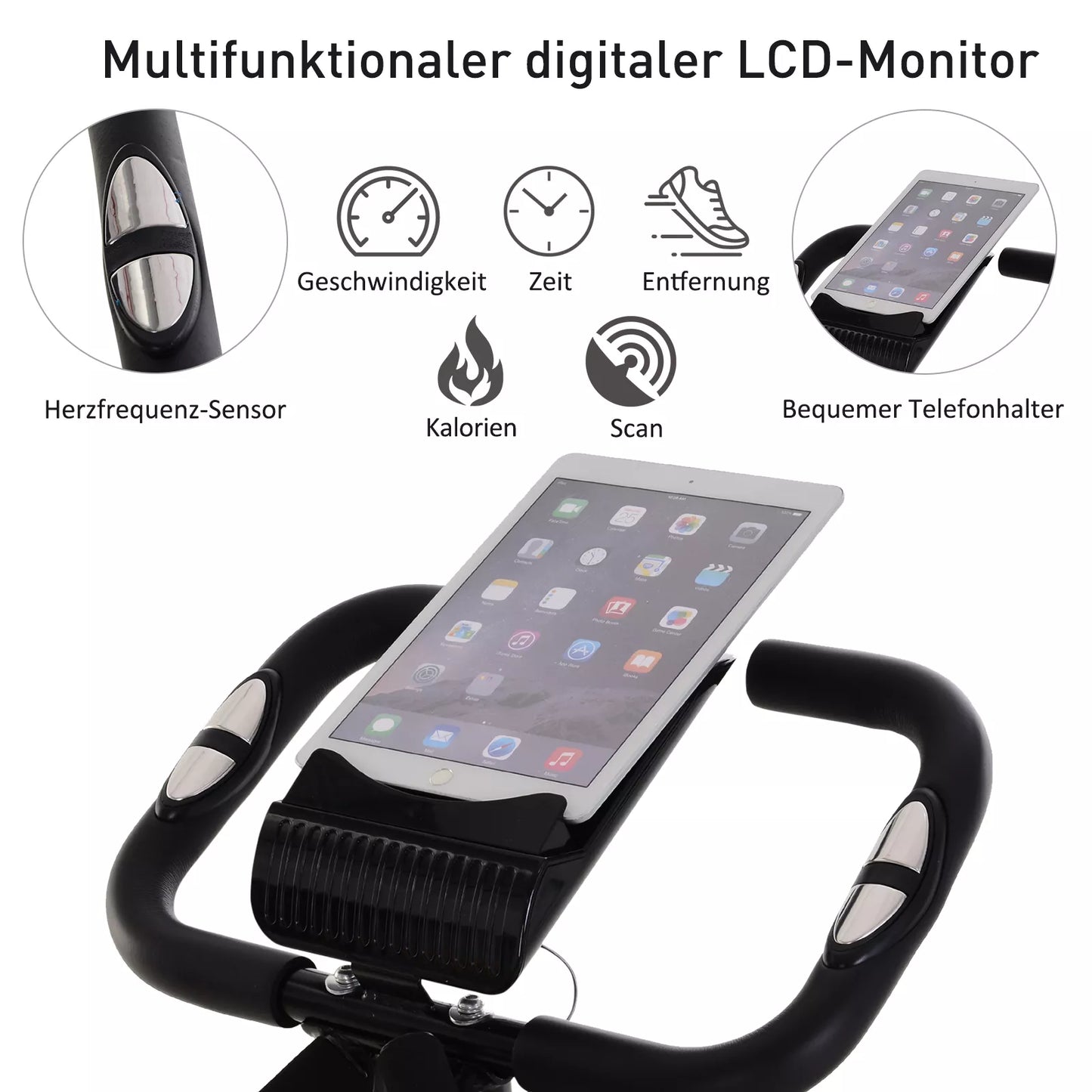 Namų treniruoklis X-Bike 2-in-1 dviračių treniruoklis su LCD ekranu, širdies ritmo monitoriumi, sulankstomas treniruoklis su 8 lygių magnetiniu pasipriešinimu, 1 pora tamprių diržų, plienas, juoda spalva, 105x48x118 cm