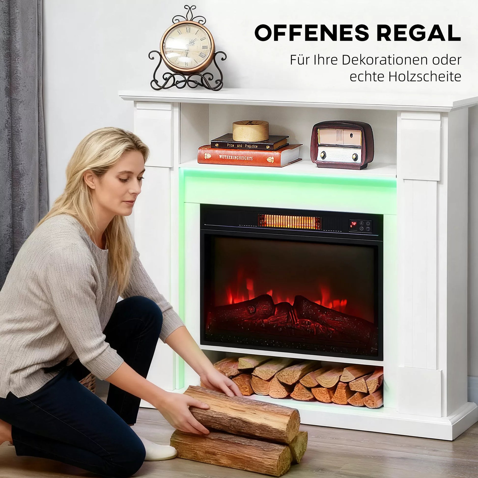 Elektrinis židinys su LED apšvietimu, realistiškas liepsnos efektas, 1800W, židinio apdaila, 2 nuotolinio valdymo pulteliai, stiklas, baltas