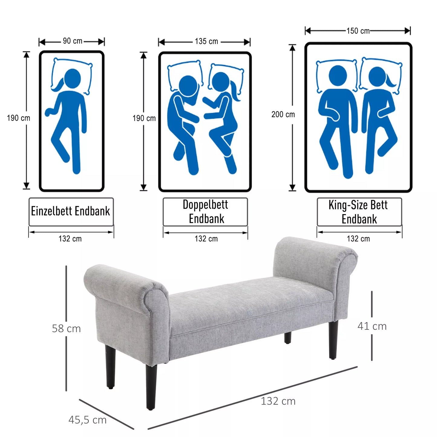 HOMCOM Elegantiška minkšta svetainės, prieškambario, lovos suolas/taburetė su atlenkiamomis šoninėmis dalimis, lininis audinys, putplastis, poliesteris, šviesiai pilka, 132 x 45,5 x 58 cm