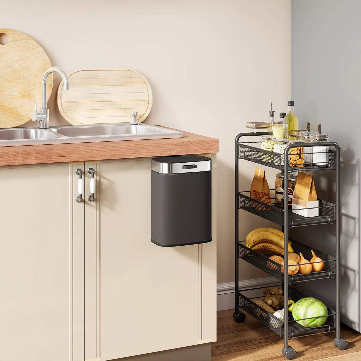 Šiukšliadėžė, nerūdijančio plieno virtuvės šiukšliadėžė su atviru dangčiu, išimamas vidinis konteineris, 21,5x19,5x30 cm, juoda