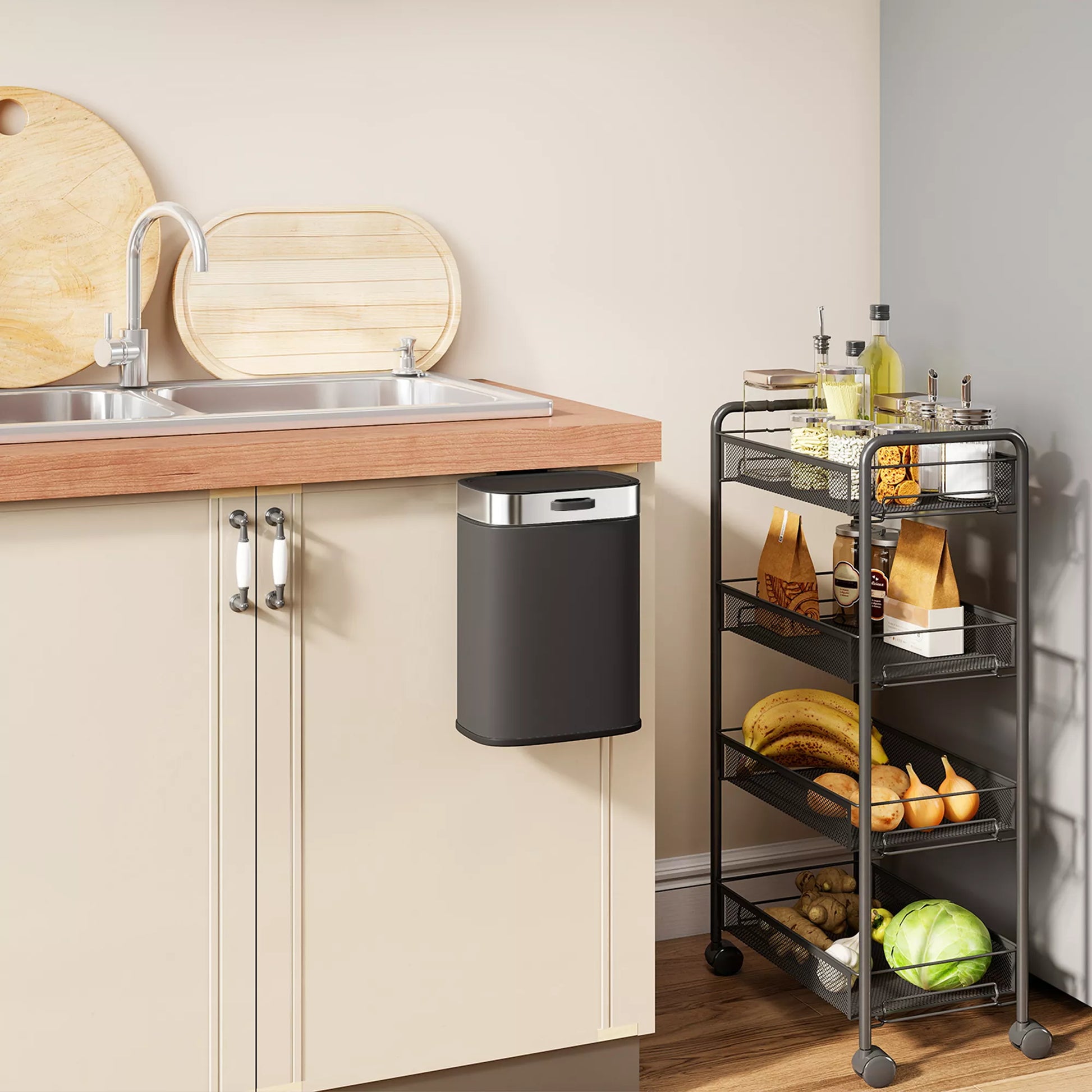 Šiukšliadėžė, nerūdijančio plieno virtuvės šiukšliadėžė su atviru dangčiu, išimamas vidinis konteineris, 21,5x19,5x30 cm, juoda