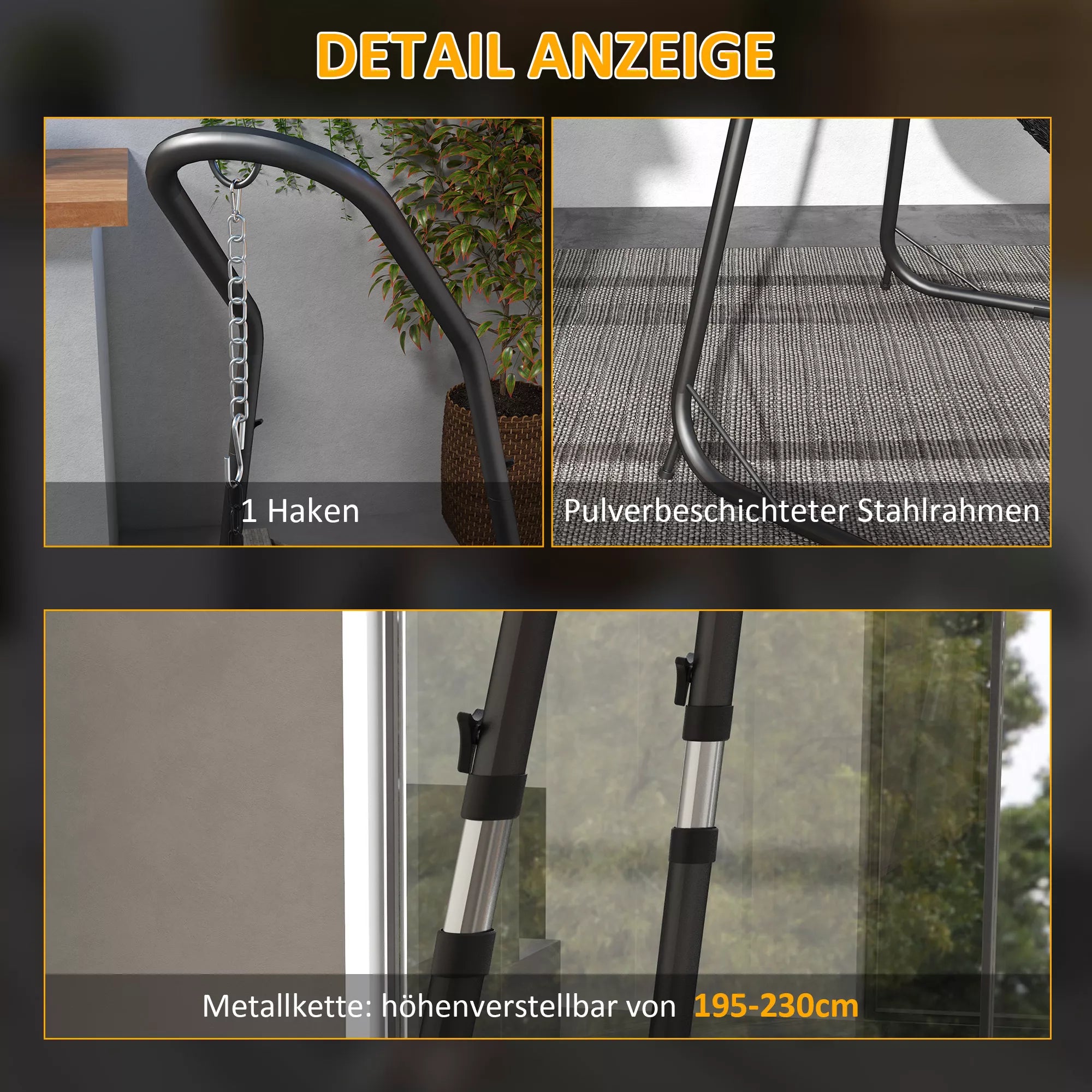 Kabamasis kėdės stovas Kabamosios kėdės rėmas Kabamosios kėdės laikiklis, 133 cm x 116 cm x 195/230 cm, juodas