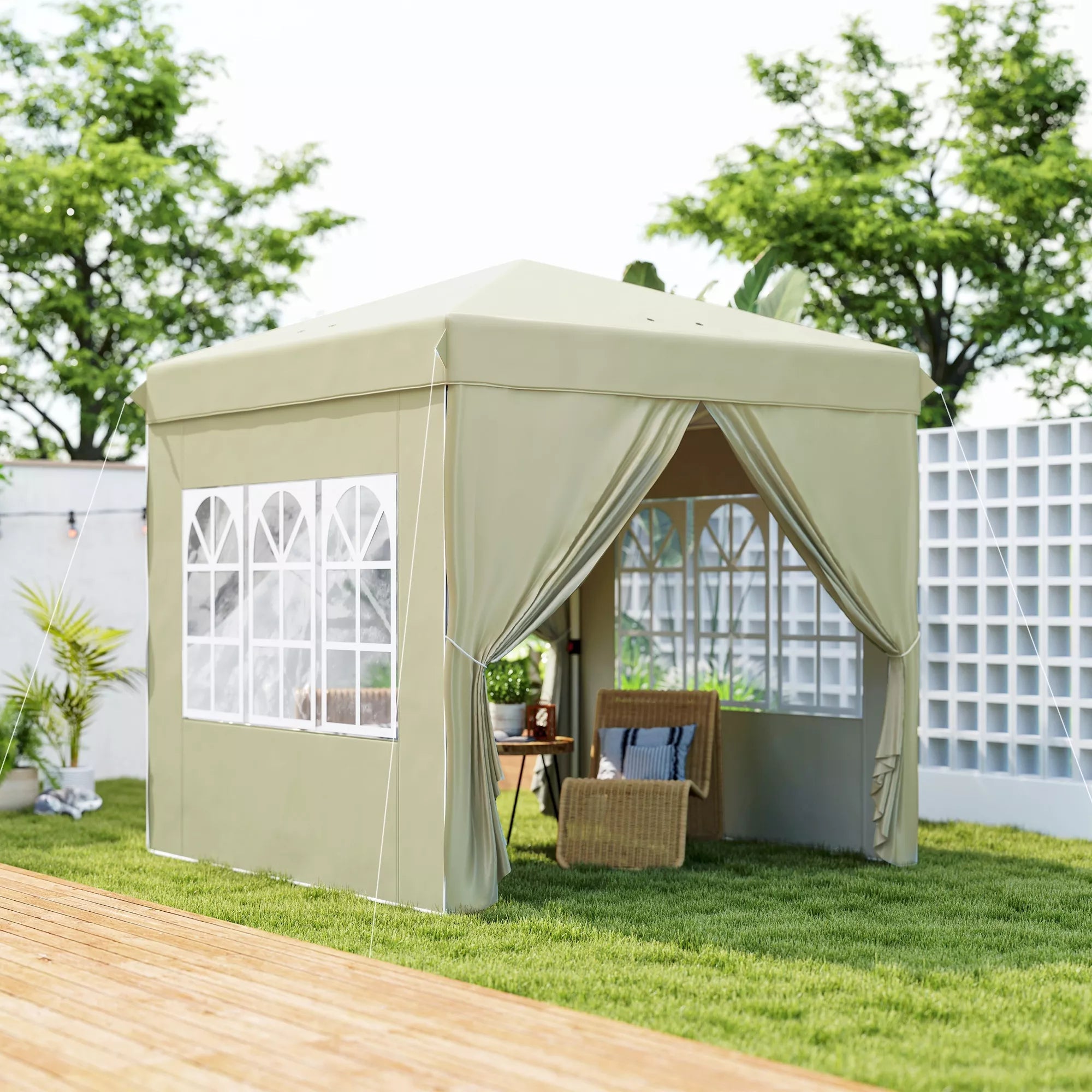 2,5 x 2,5 m Pop-up paviljono su šoninemis sienelėmis ir nešiojimo krepšiu, UPF50+ reguliuojamo aukščio sodo palapinė, kreminės baltos spalvos