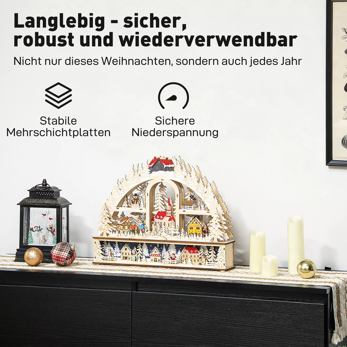 Kalėdinis kaimelis su LED apšvietimu, 45 cm. Kalėdinis miestelis su seniu besmegeniu, elniu ir medžiais, natūralaus medžio.