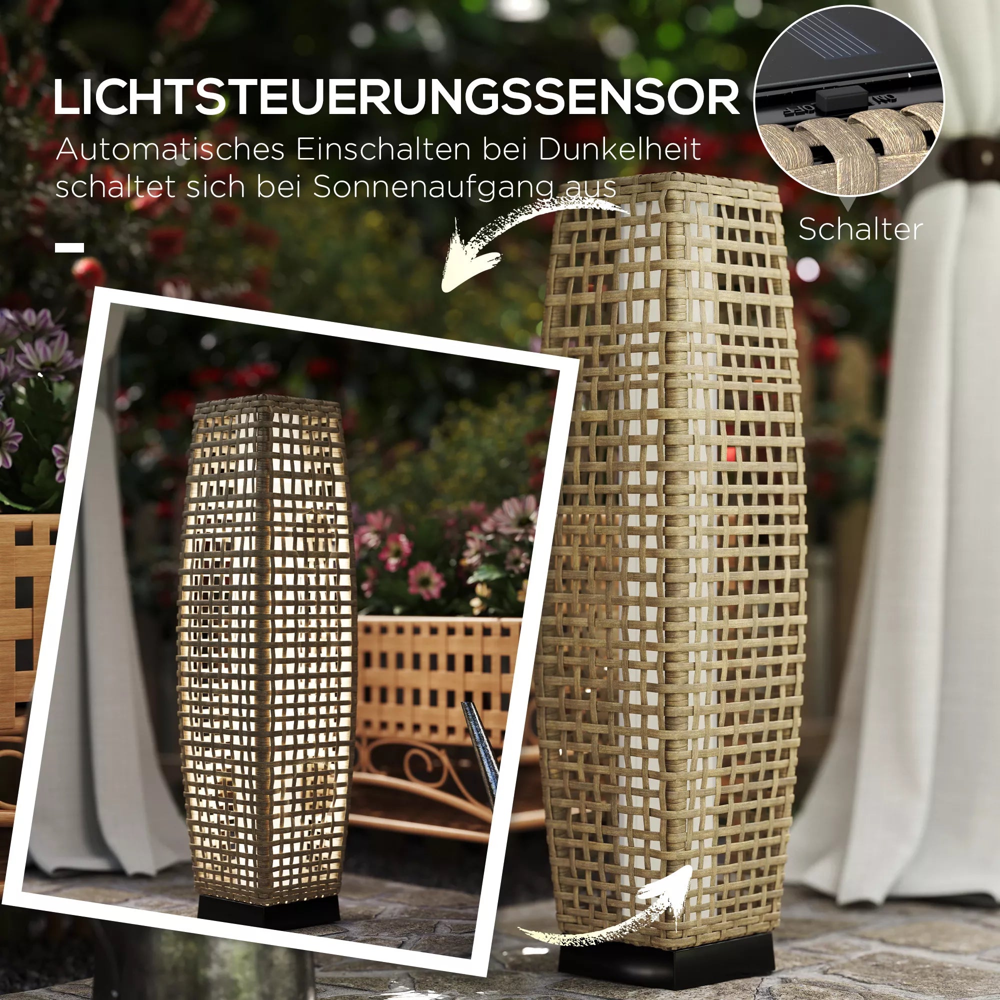 Lauko saulės lempa iš rotango, LED šviestuvas su šviesos jutikliu, IP44 atspari vandeniui, boho stiliaus