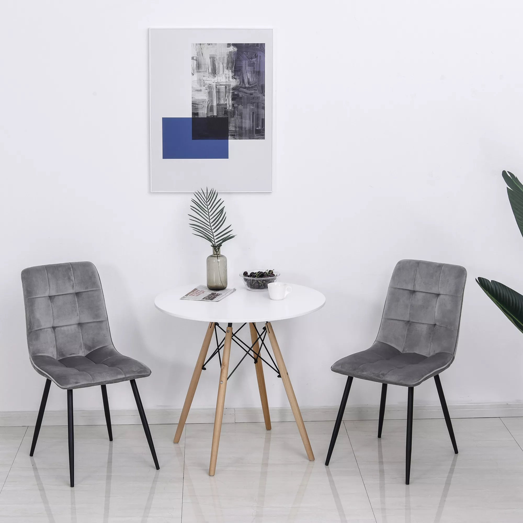 2 vnt. valgomojo kėdžių komplektas, minkšta virtuvės kėdė su aksomo išvaizda, valgomojo stalas, aksomas, metalas, pilka+juoda, 45 x 63 x 90 cm