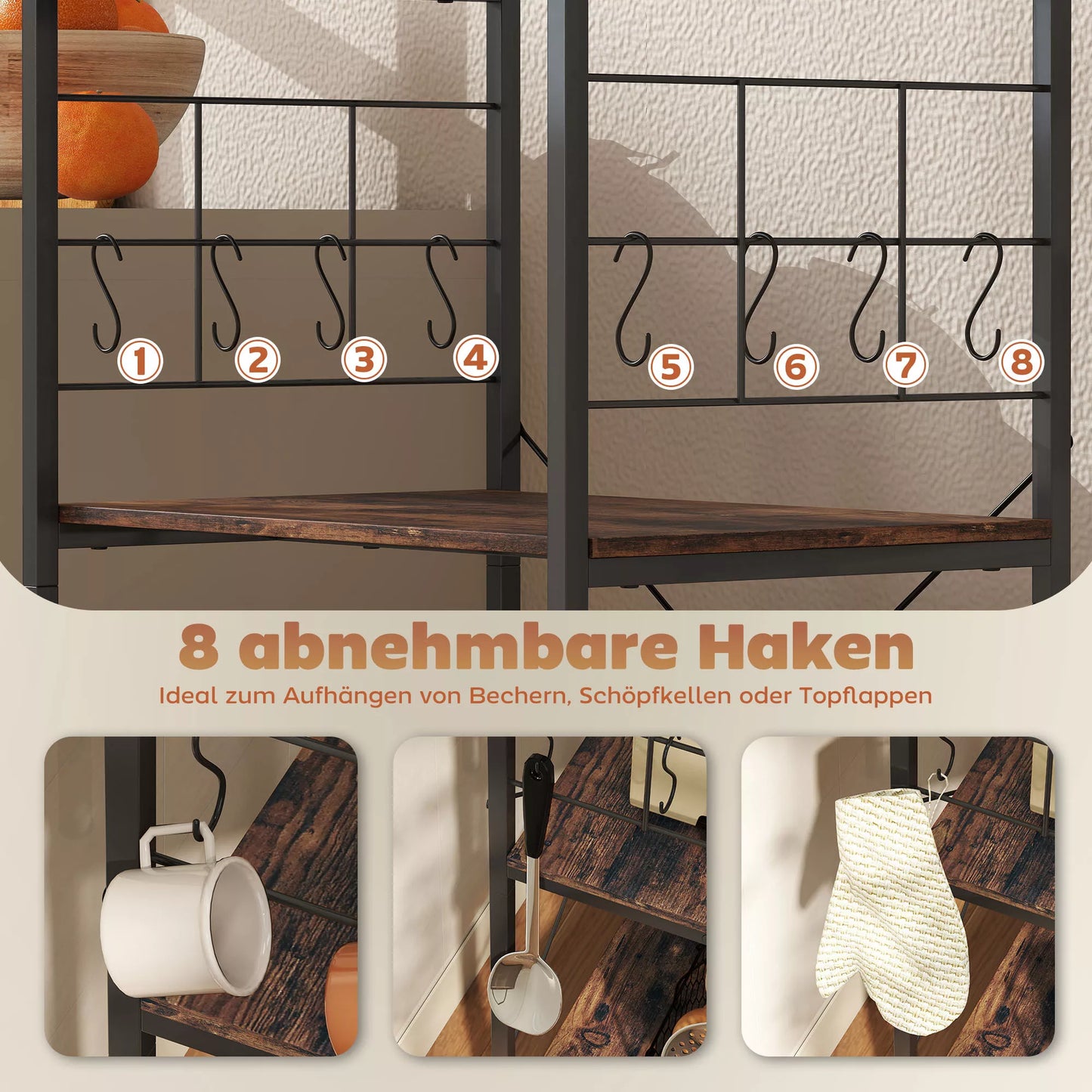 Virtuvės lentynos, 4 pakopų dizainas, stalviršis, 8 kabliai, metaliniai vamzdžiai, rudos ir juodos spalvos