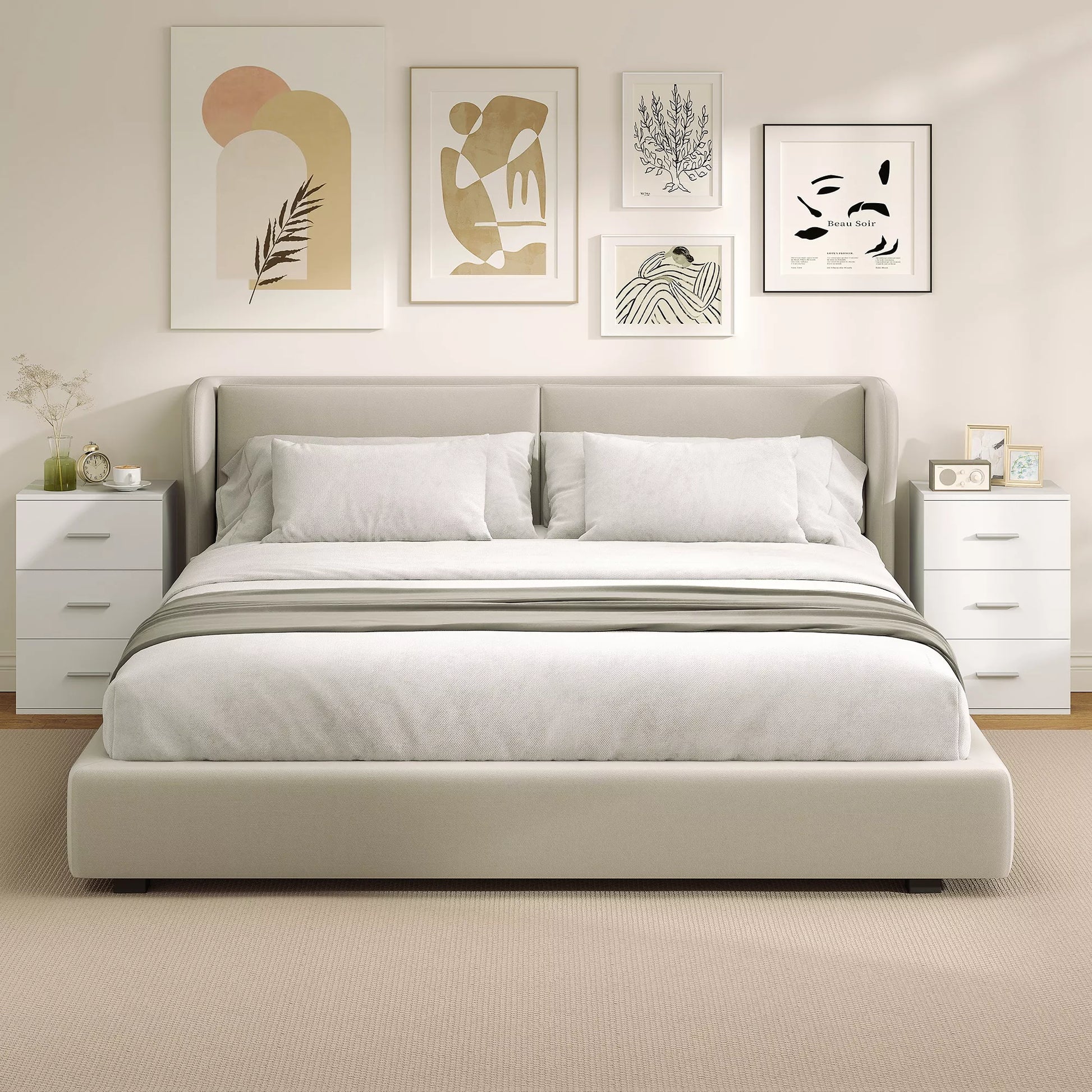 Naktinis staliukas su 3 stalčiais, komoda miegamajam, MDF, balta