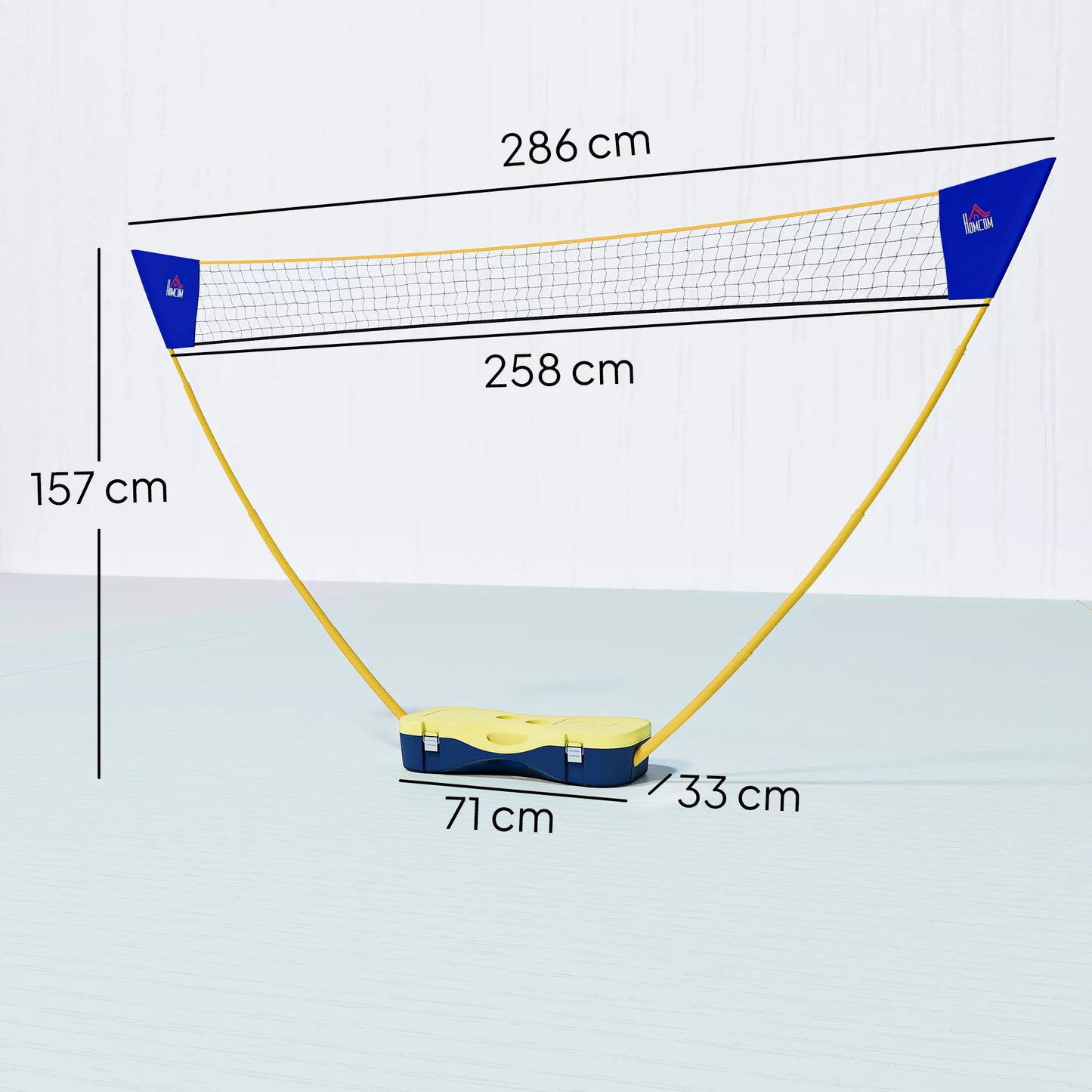 Badmintono tinklas su stovu, nešiojamas tinklo stovas, badmintono tinklas su 4 raketėmis, lauko sportui, geltonai-mėlynas, 286 x 33 x 157 cm