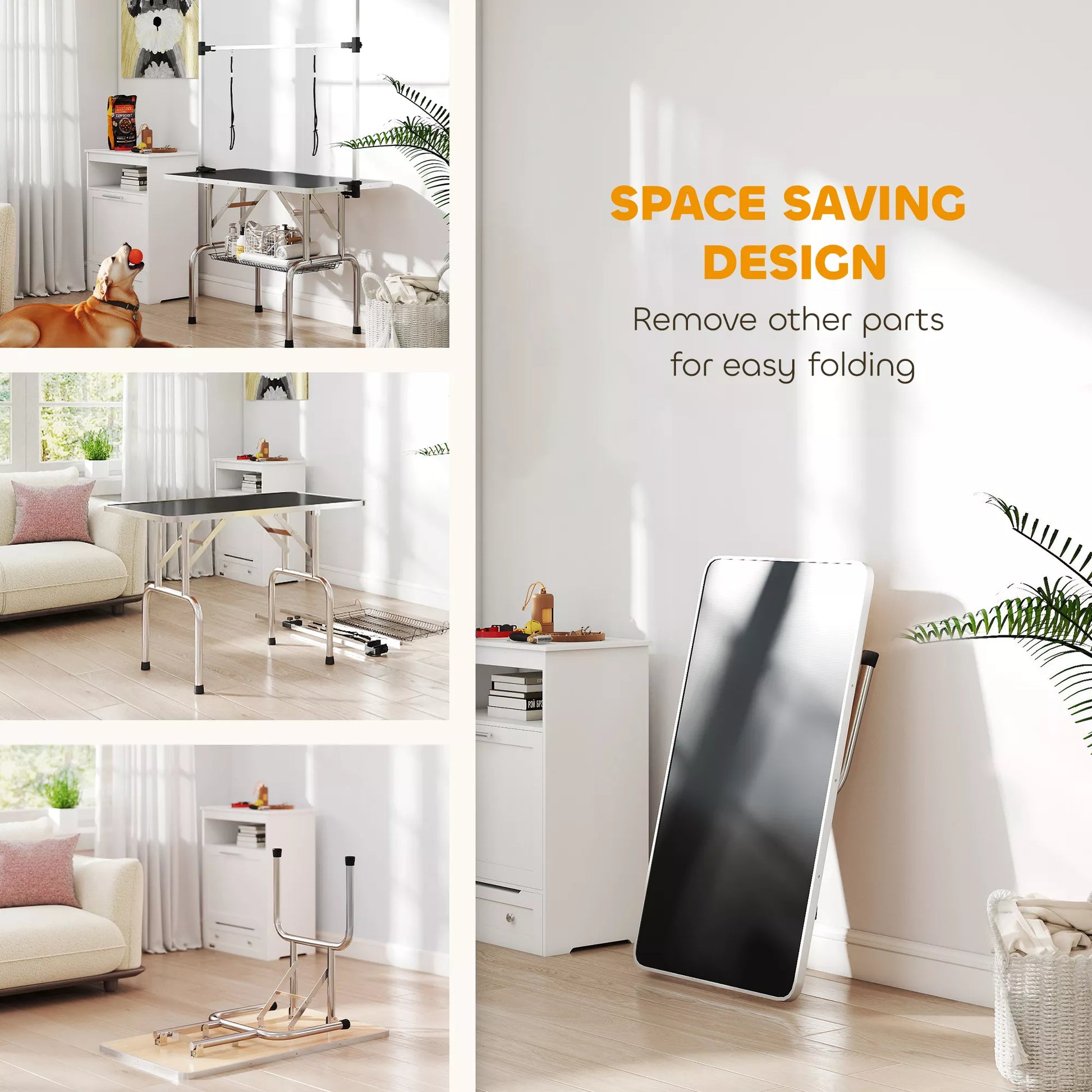 Reguliuojamo aukščio sulankstomas gyvūnų priežiūros stalas, šunų kirpimo stalas, su apatine lentyna, šunims ir katėms iki 100 kg, juodas