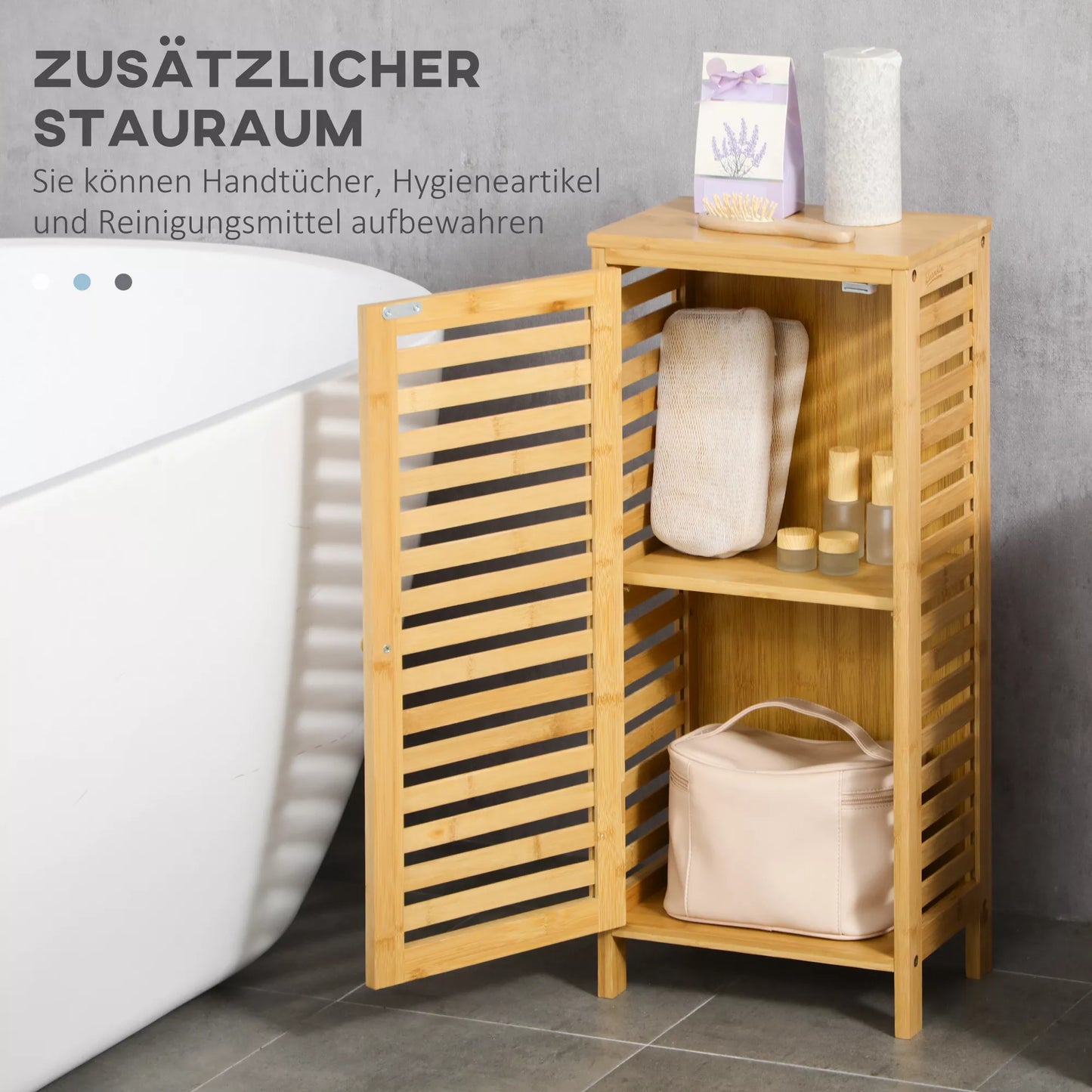 Vonios spintelė su žaliuzių tipo durimis, reguliuojama lentyna, natūralus bambukas, 30x19,9x70 cm