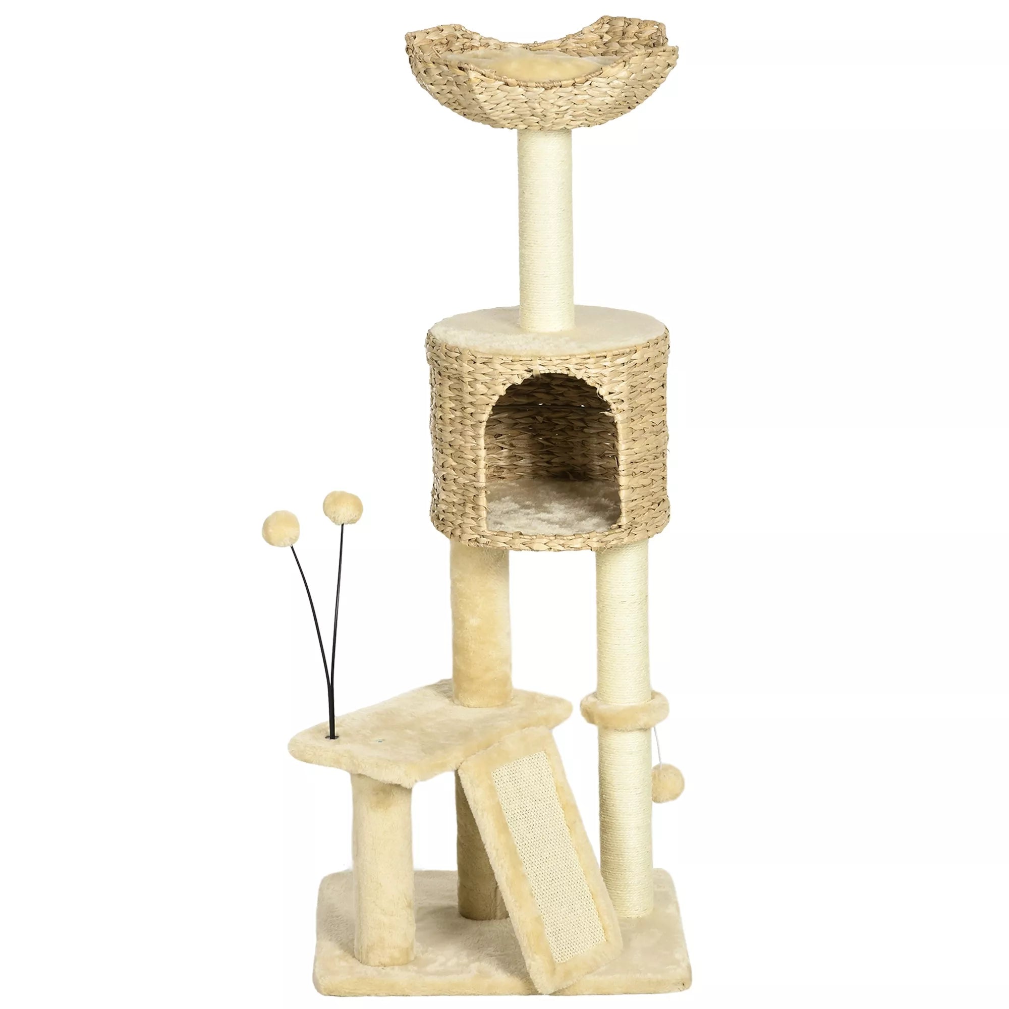 Katės draskyklė su nameliu ir gultu, 116 cm, smėlio spalvos