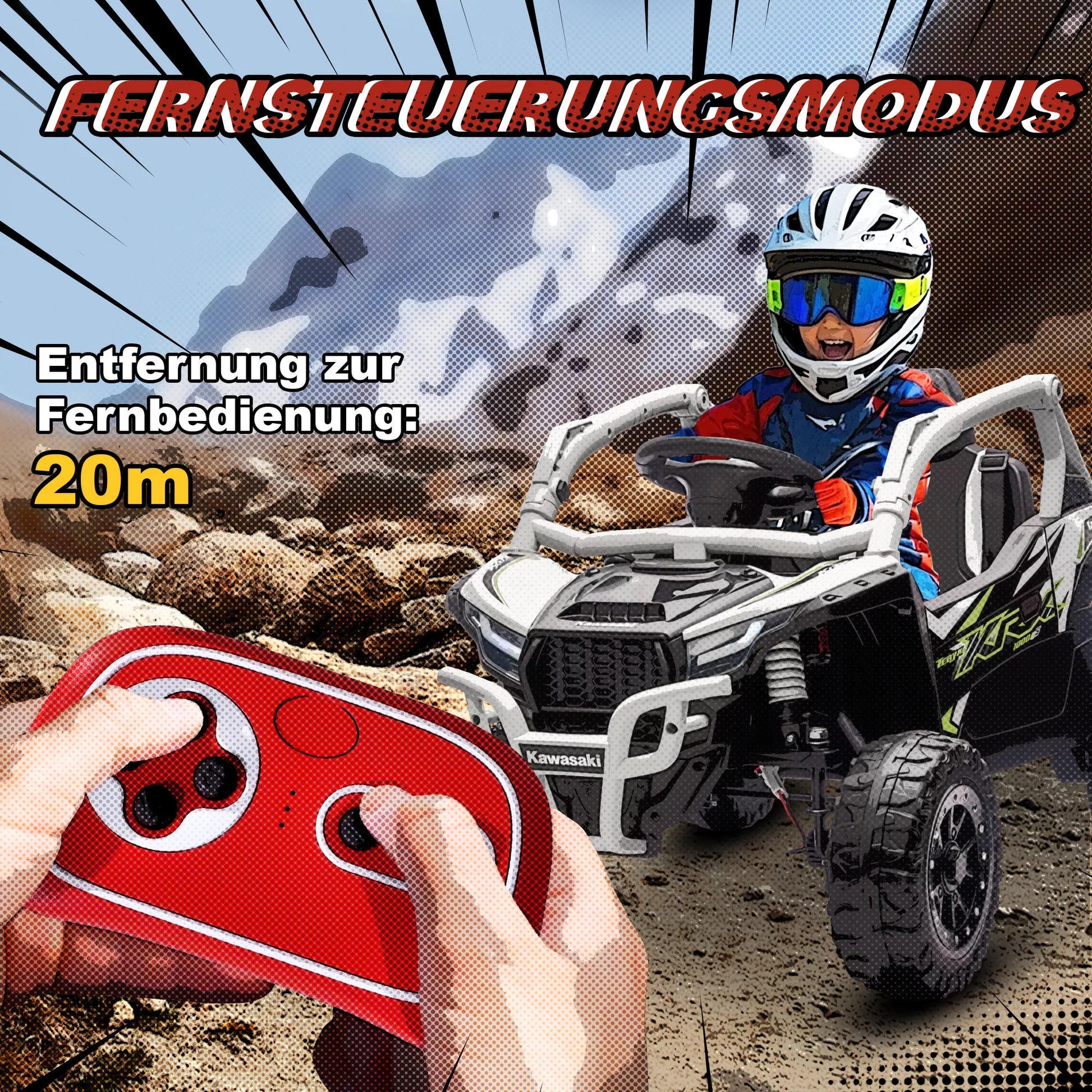 12V elektrinis visureigis vaikams, su nuotolinio valdymo pulteliu, LED žibintais, muzika, garsiniu signalu, skirtas vaikams nuo 3 iki 8 metų, pilkos spalvos.