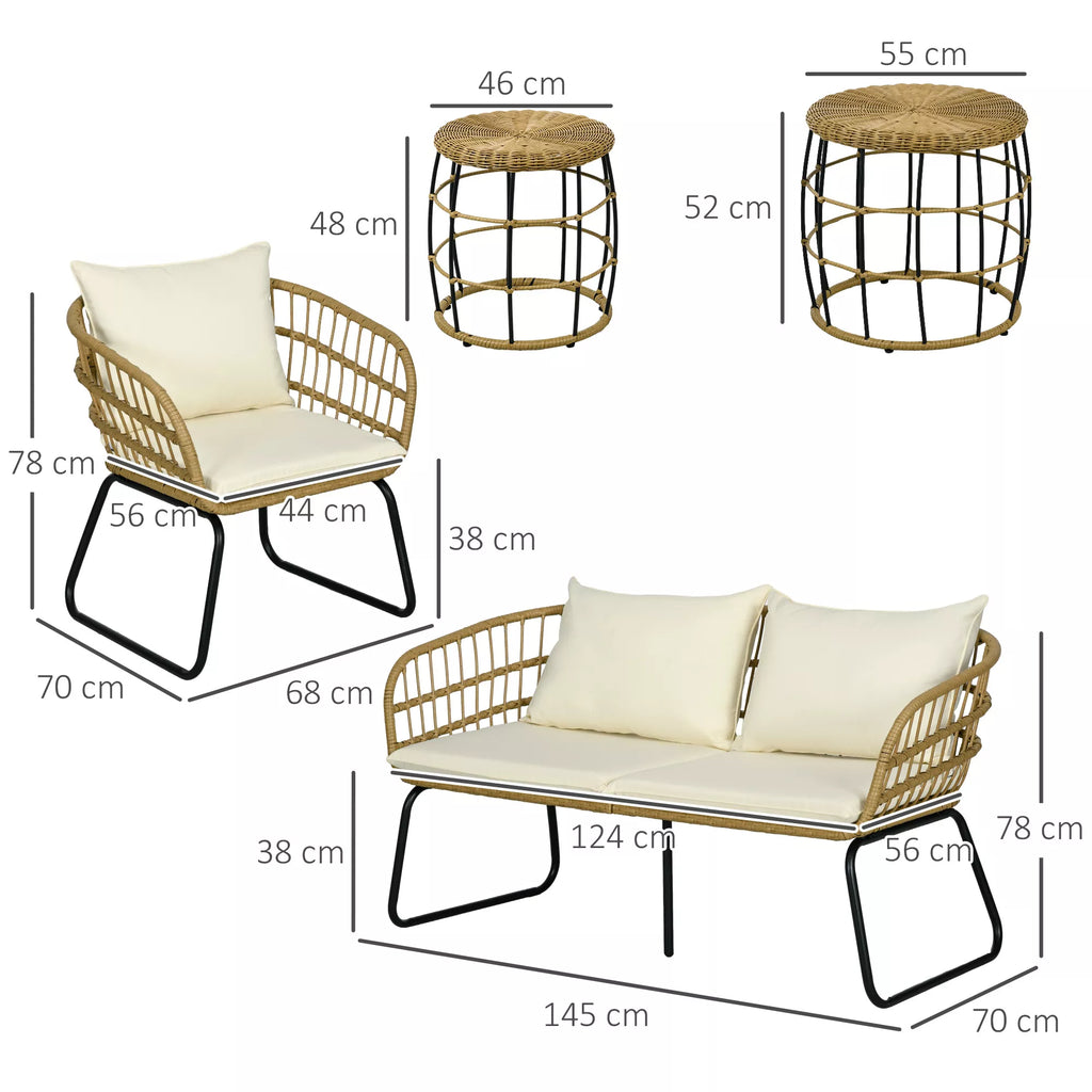 Rattanų sėdimoji grupė Lauko sėdimoji grupė, boho stiliaus, 5 dalių rinkinys, 145 x 70 x 78 cm, kreminė + natūrali + juoda