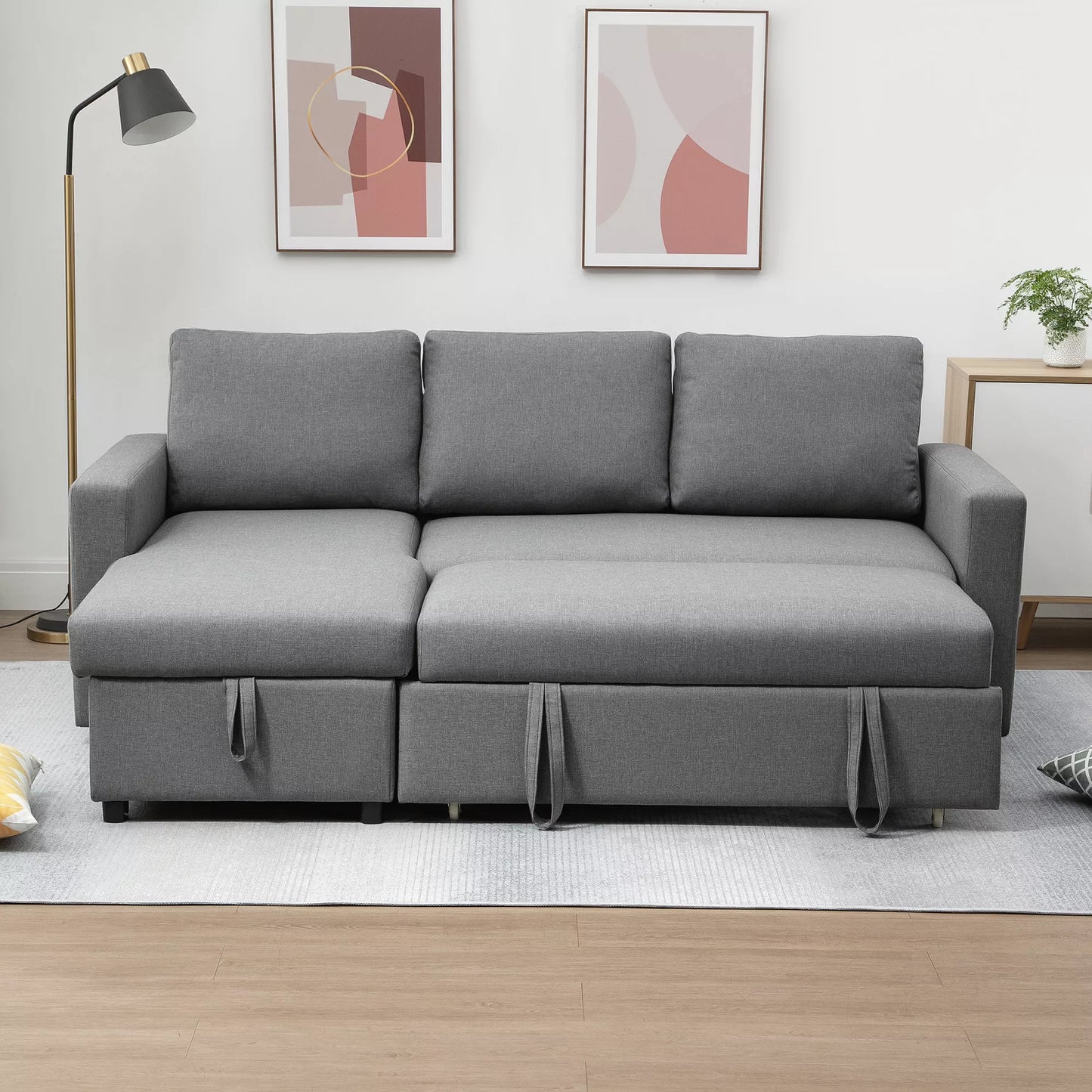 Kampinė sofa su miegojimo funkcija ir daiktadėže, kampinė sofa su patalynės dėže, čiažlongas, miegamoji sofa, audinio sofa, L formos, lininis paviršius, šviesiai pilka, 211,5 x 146 x 85 cm