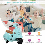 Vaikai džiaugiasi dovana - šviesiai žalias elektromotociklas priekyje
